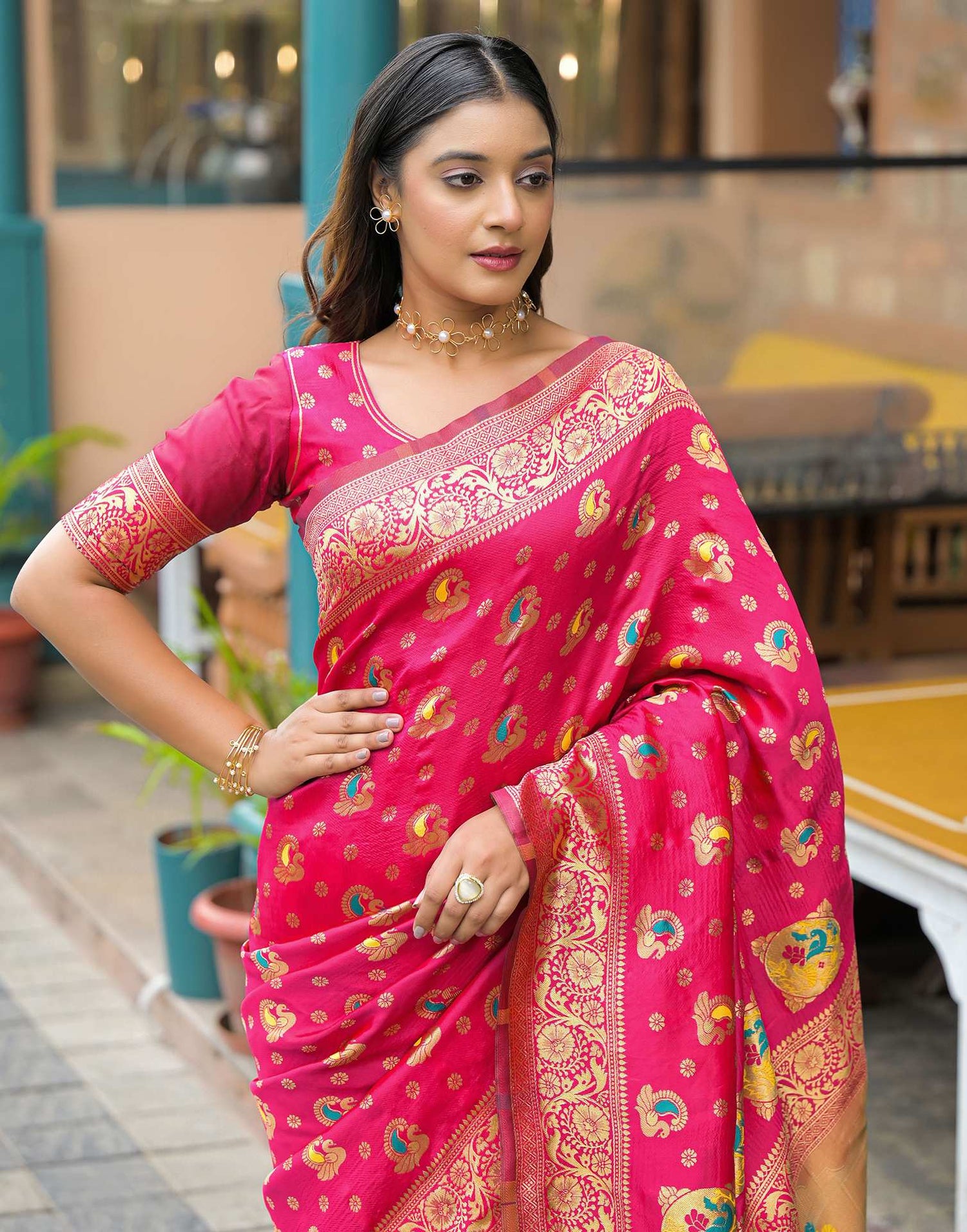 Dark Pink Silk Woven Banarasi Saree