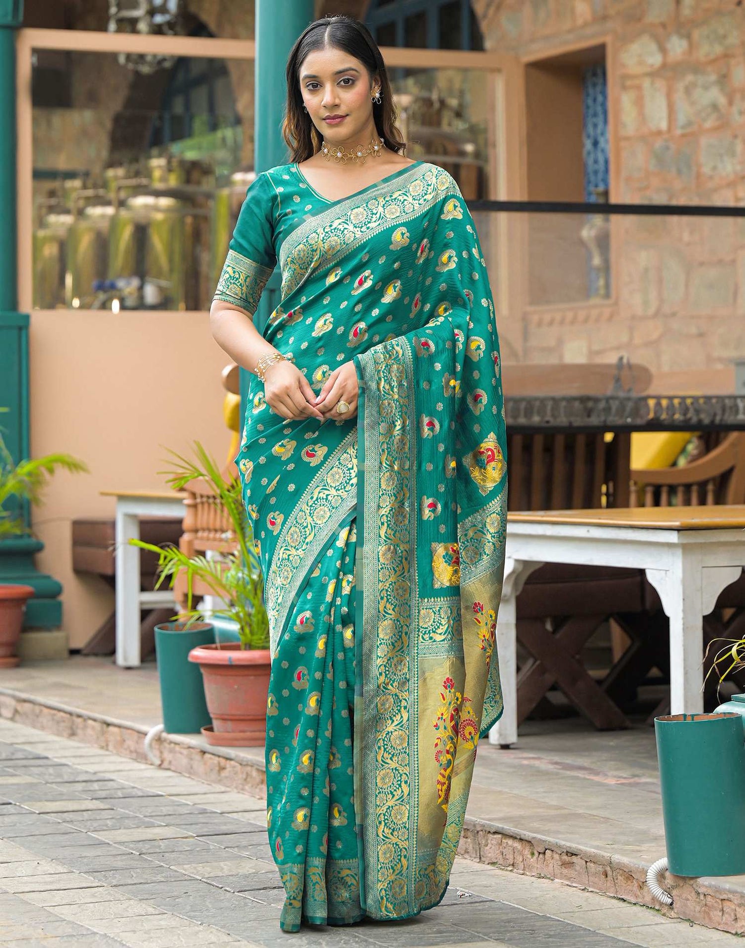 Teal Green Silk Woven Banarasi Saree