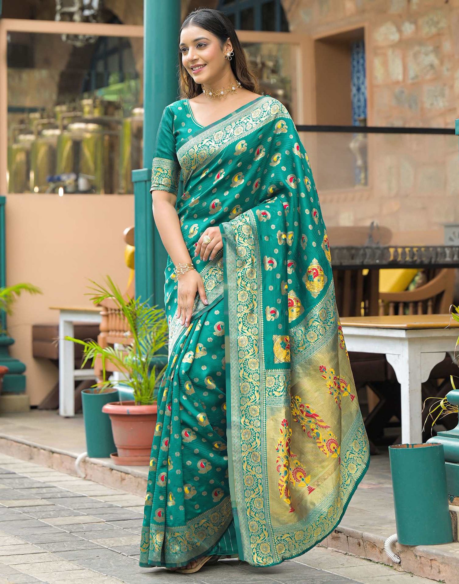 Teal Green Silk Woven Banarasi Saree