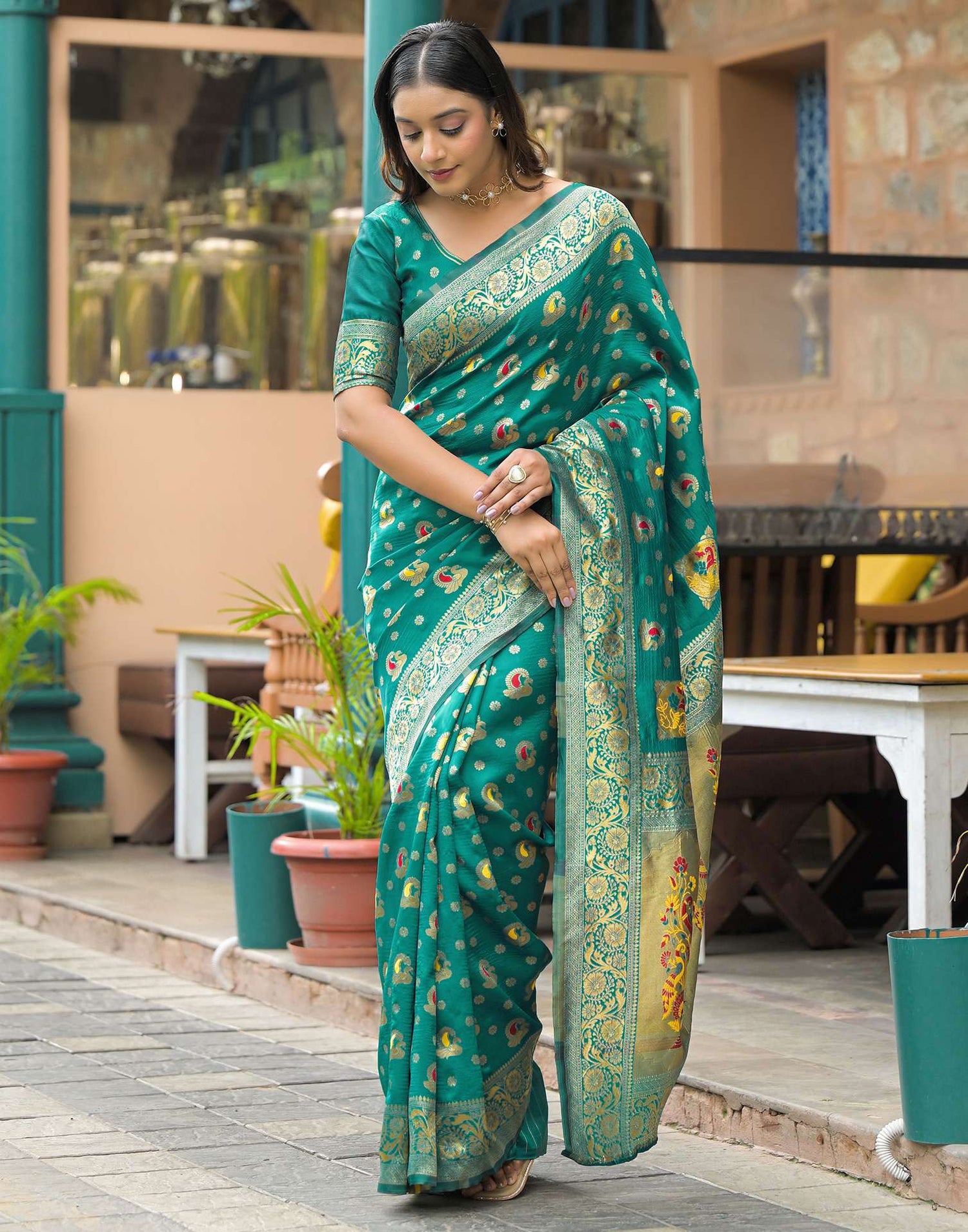 Teal Green Silk Woven Banarasi Saree