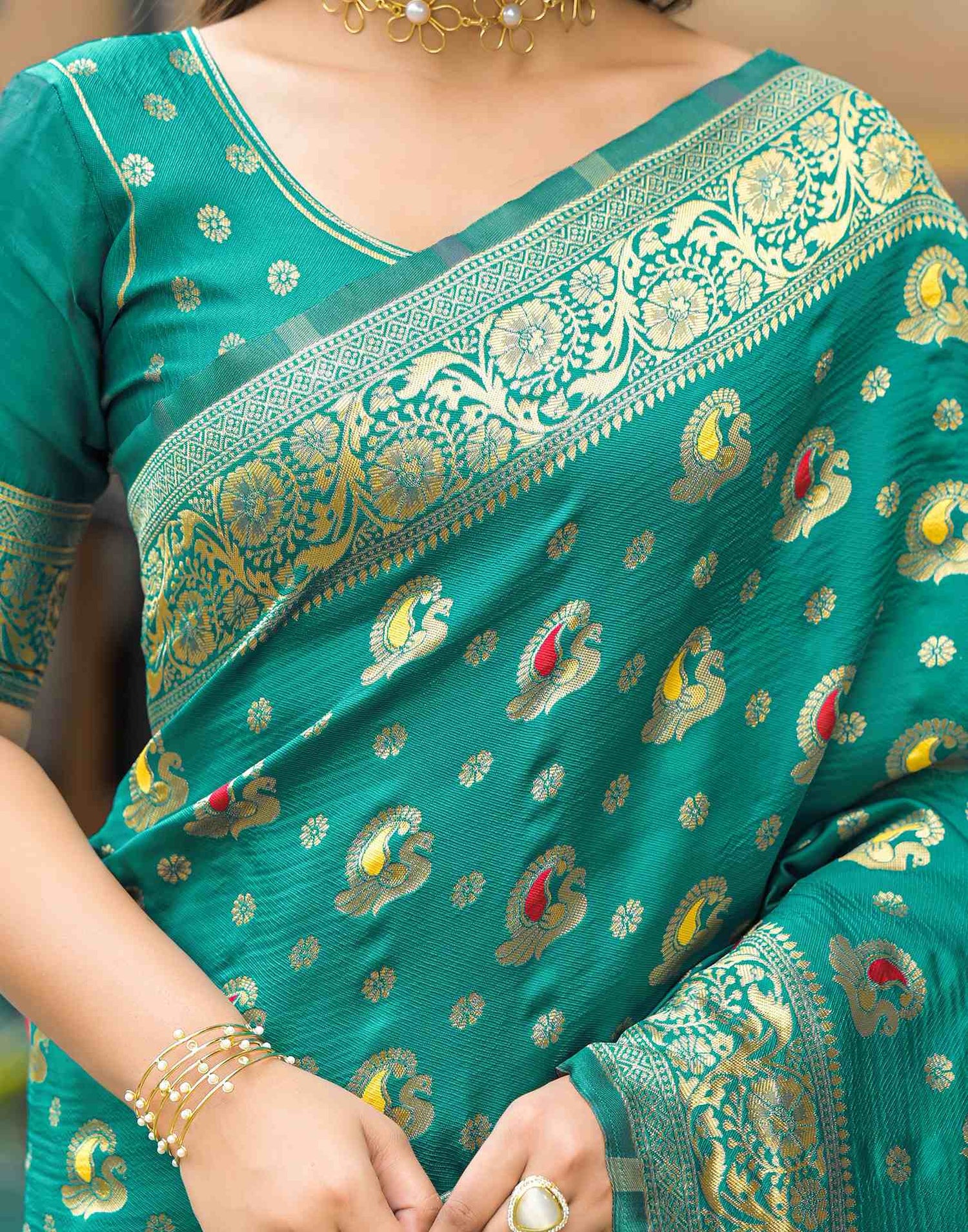 Teal Green Silk Woven Banarasi Saree