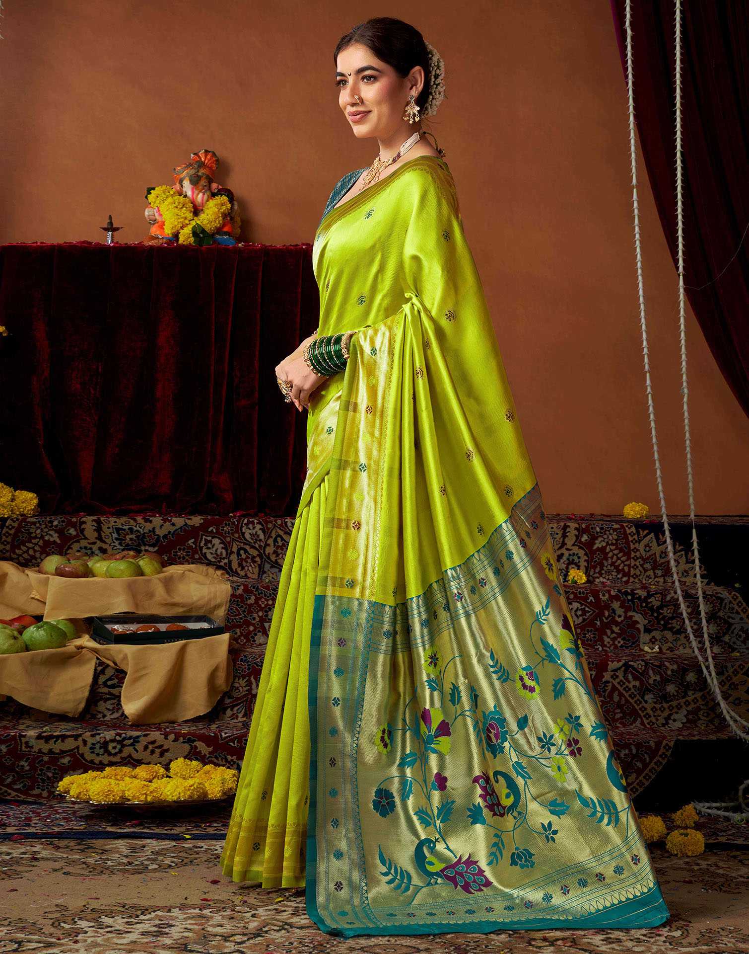 Lime Green Silk Paithani Chaturthi Saree