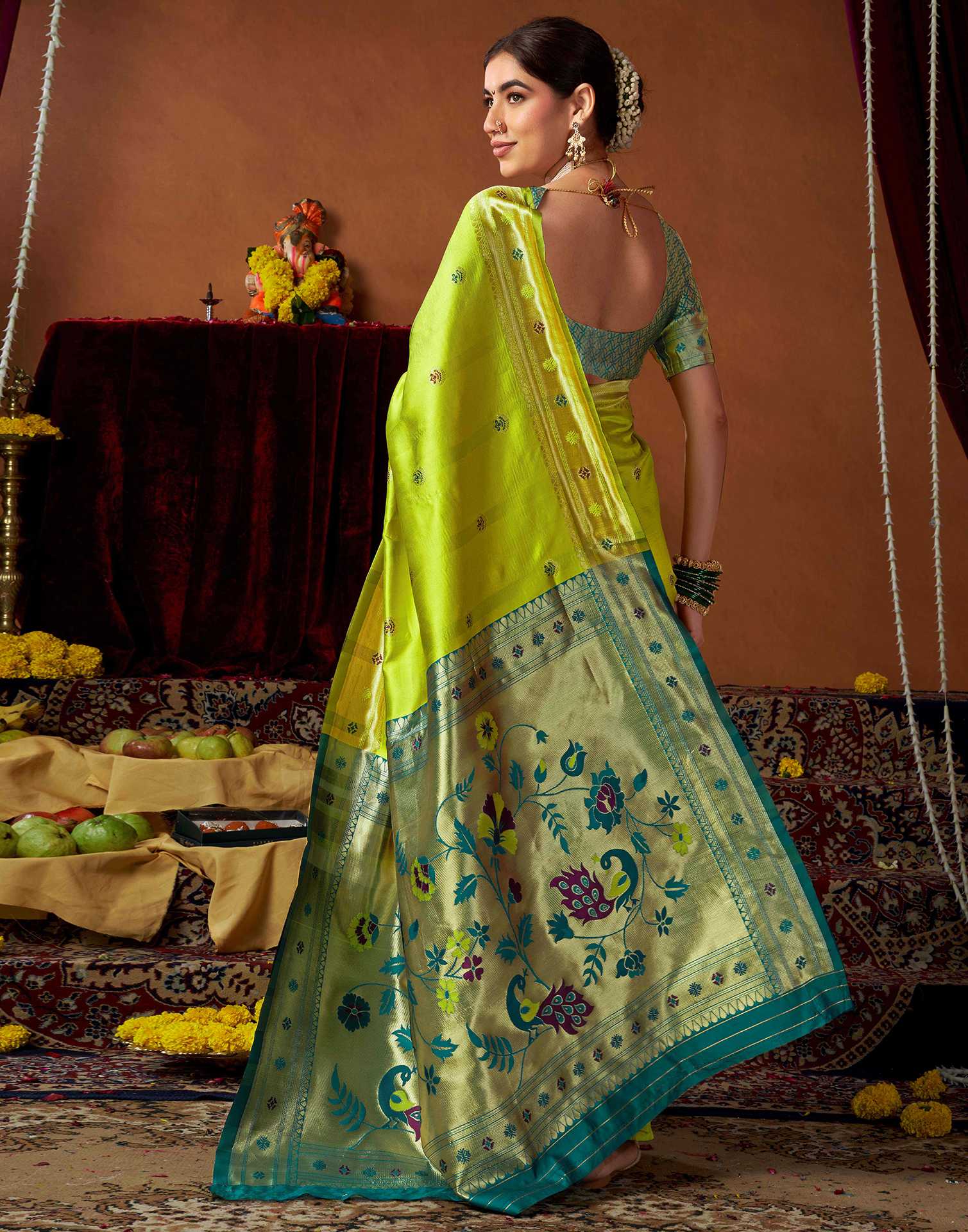Lime Green Silk Paithani Chaturthi Saree