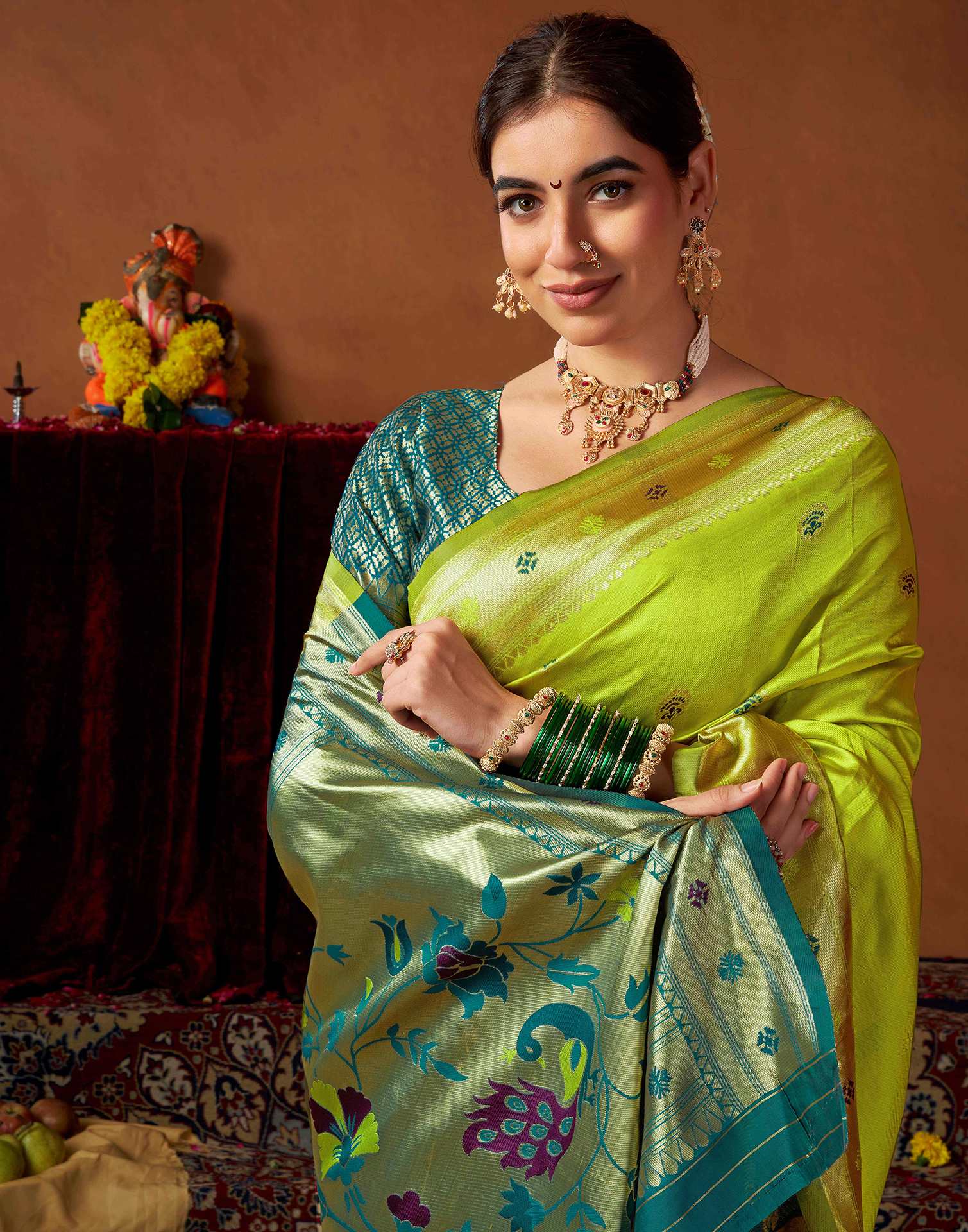 Lime Green Silk Paithani Chaturthi Saree