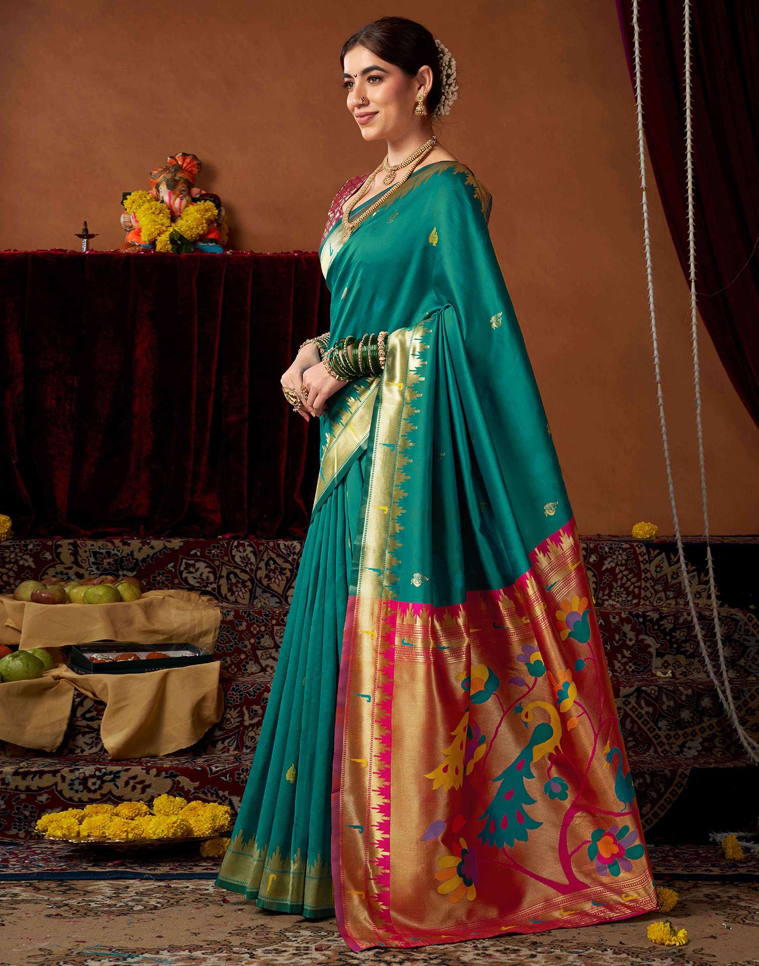 Teal Green Silk Paithani Chaturthi Saree