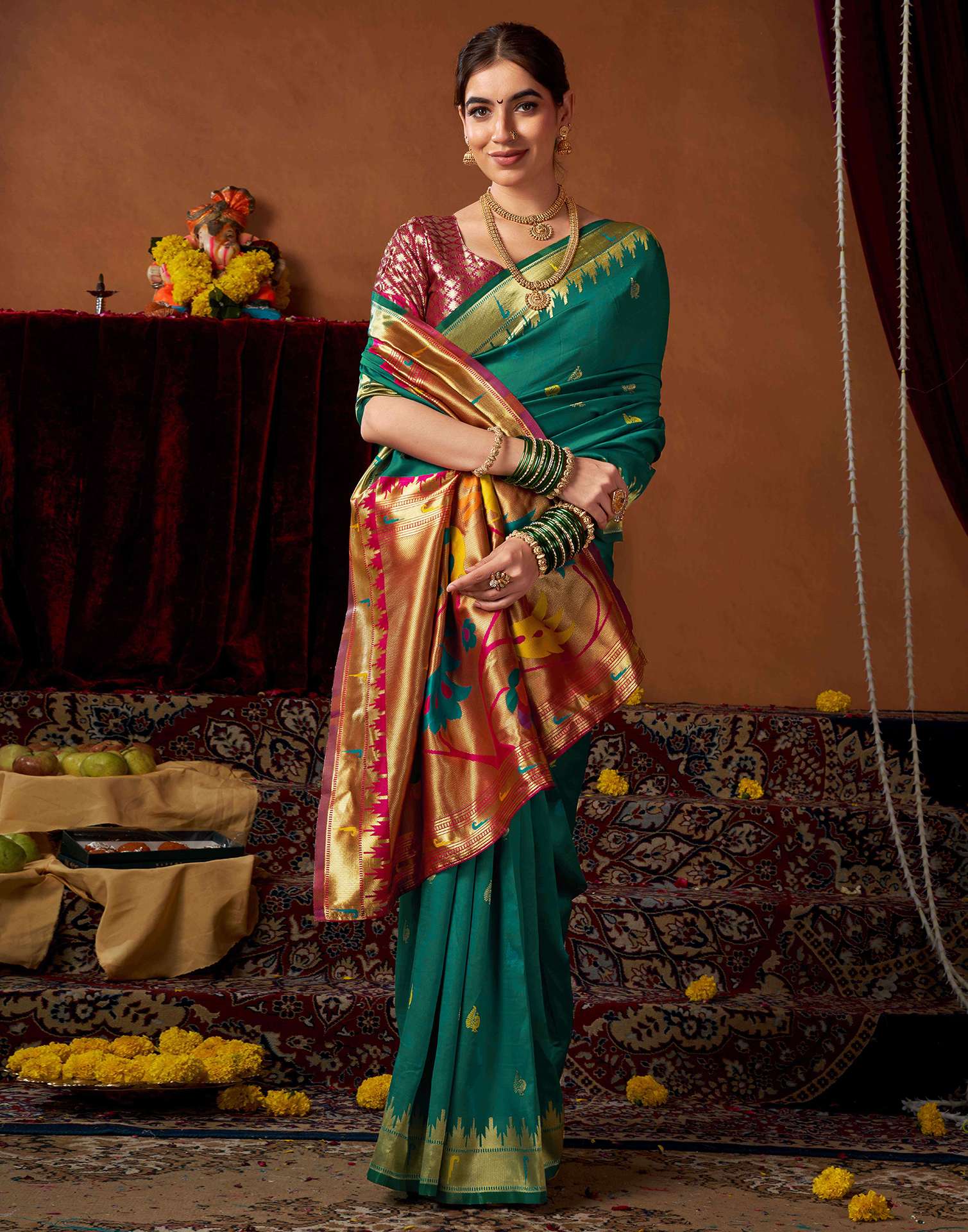 Teal Green Silk Paithani Chaturthi Saree