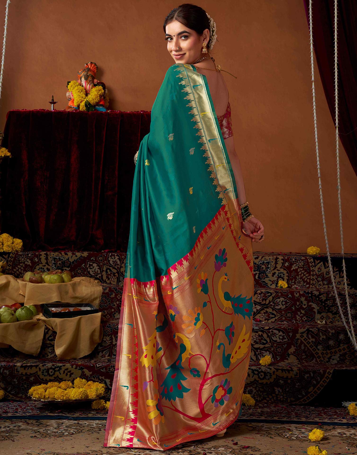 Teal Green Silk Paithani Chaturthi Saree
