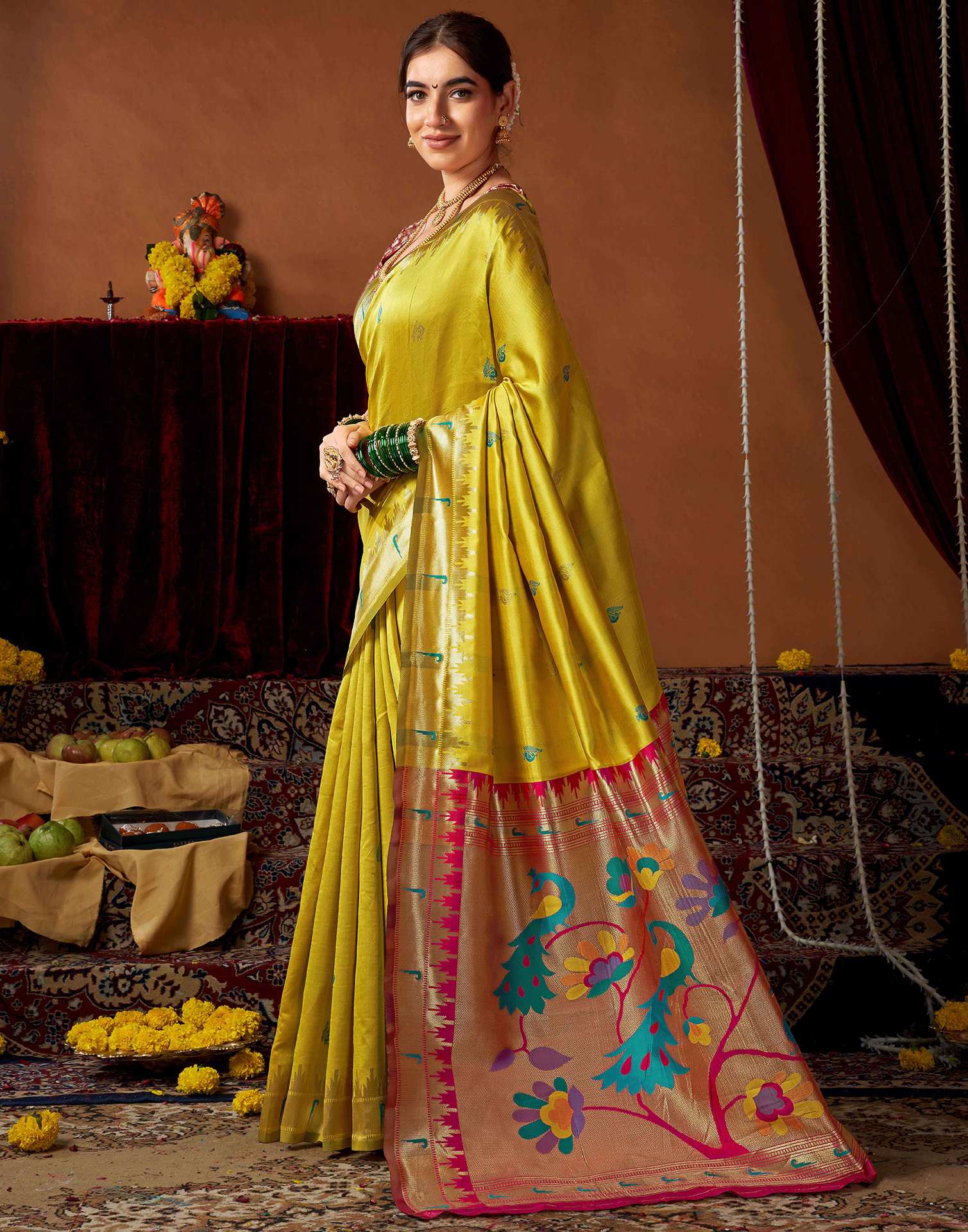Lime Yellow Silk Paithani Chaturthi Saree