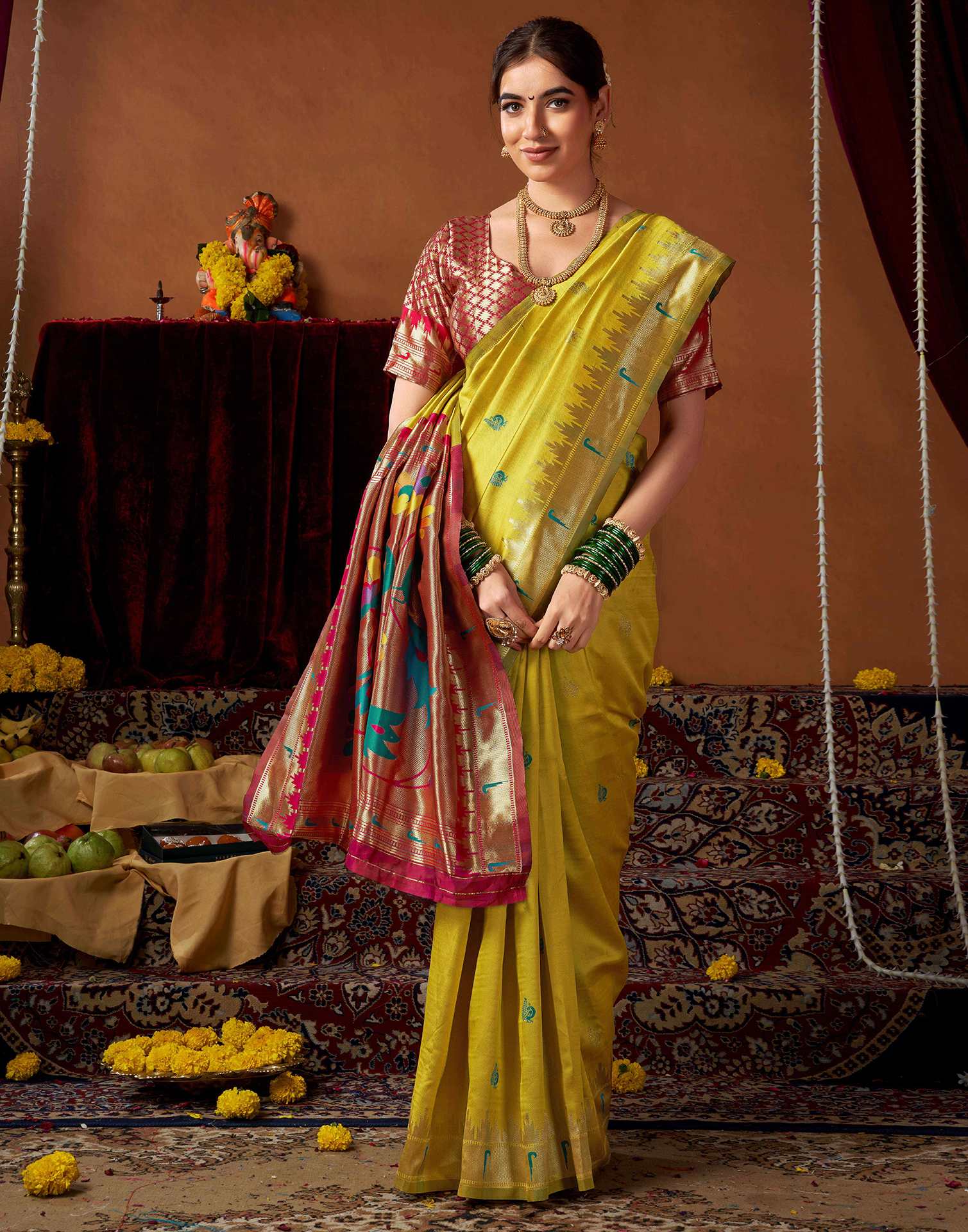 Lime Yellow Silk Paithani Chaturthi Saree
