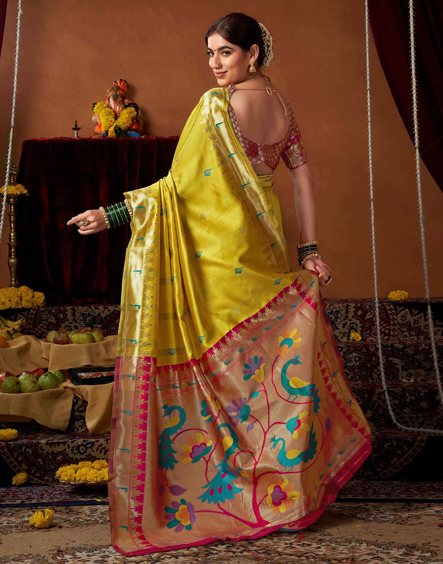 Lime Yellow Silk Paithani Chaturthi Saree