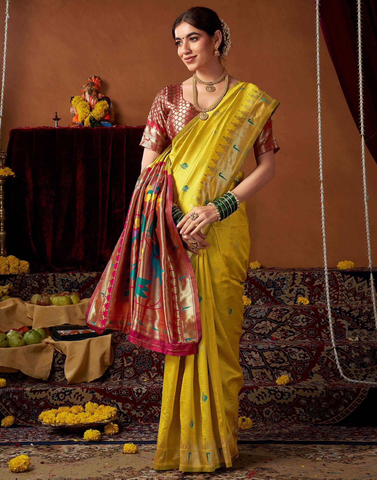Lime Yellow Silk Paithani Chaturthi Saree