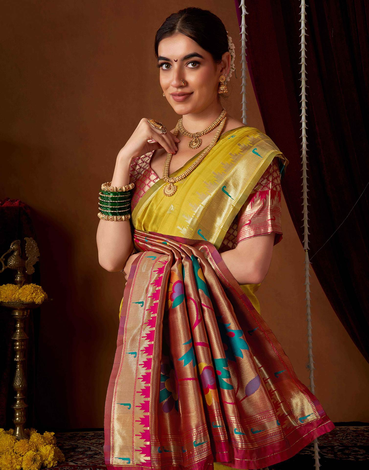 Lime Yellow Silk Paithani Chaturthi Saree