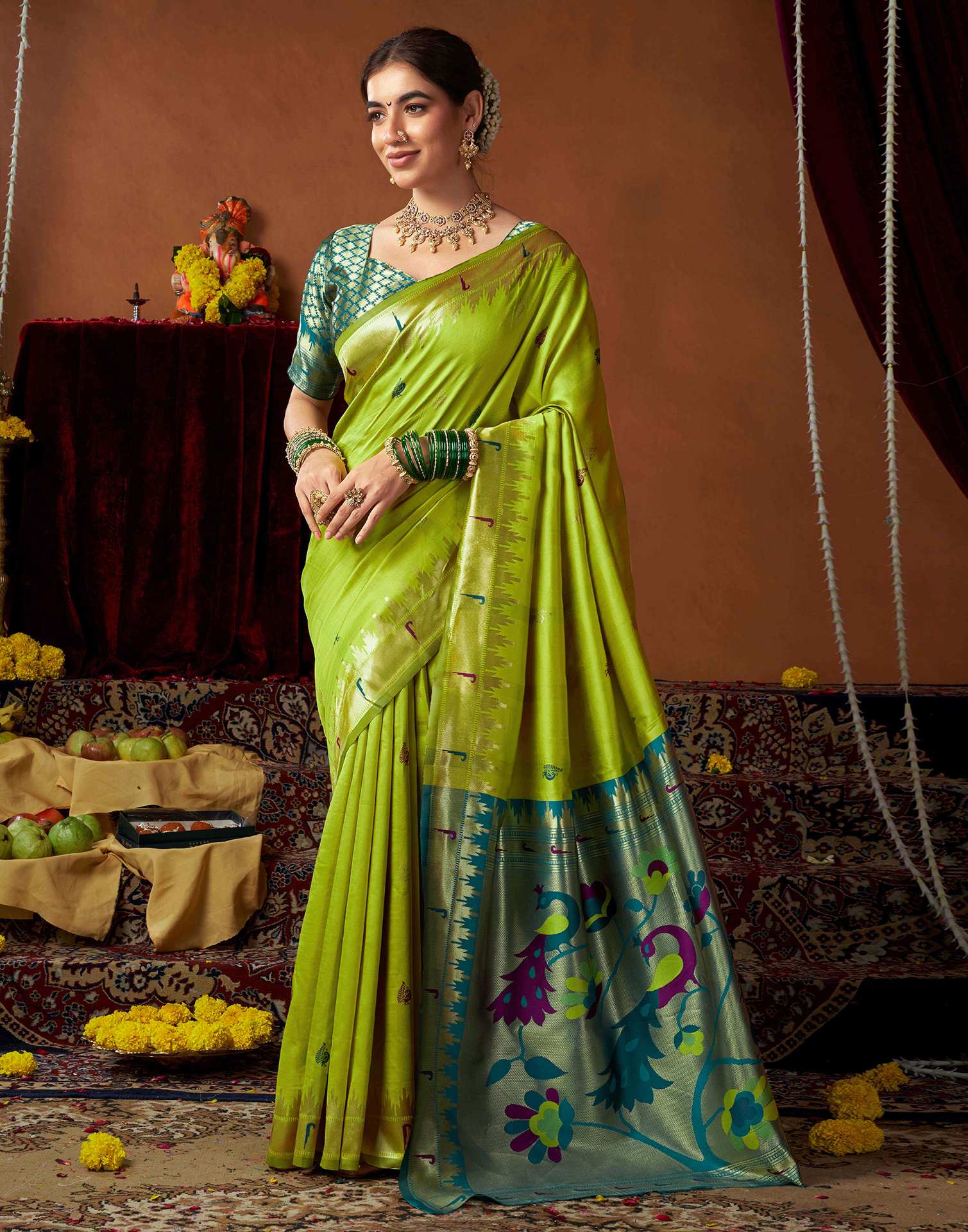 Lime Green Silk Paithani Chaturthi Saree