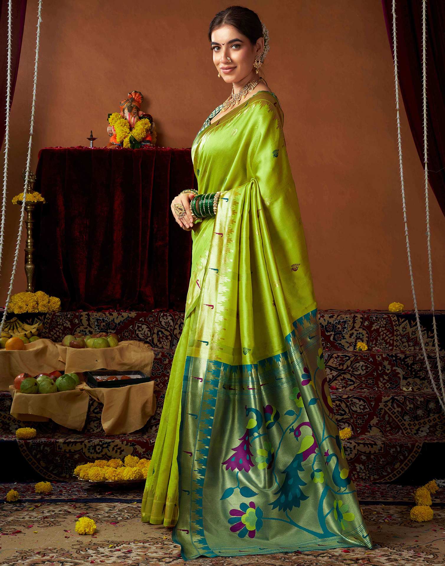 Lime Green Silk Paithani Chaturthi Saree