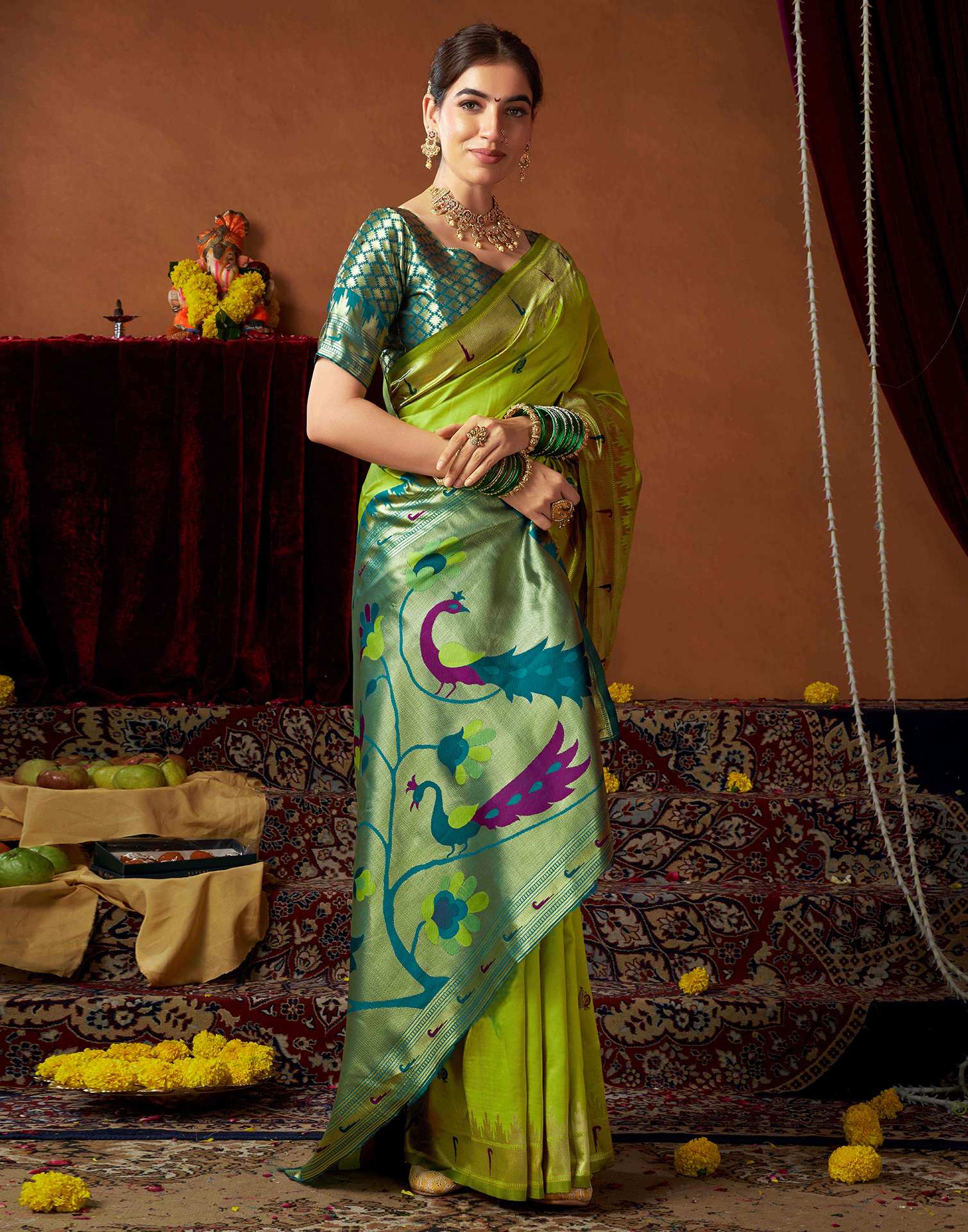 Lime Green Silk Paithani Chaturthi Saree