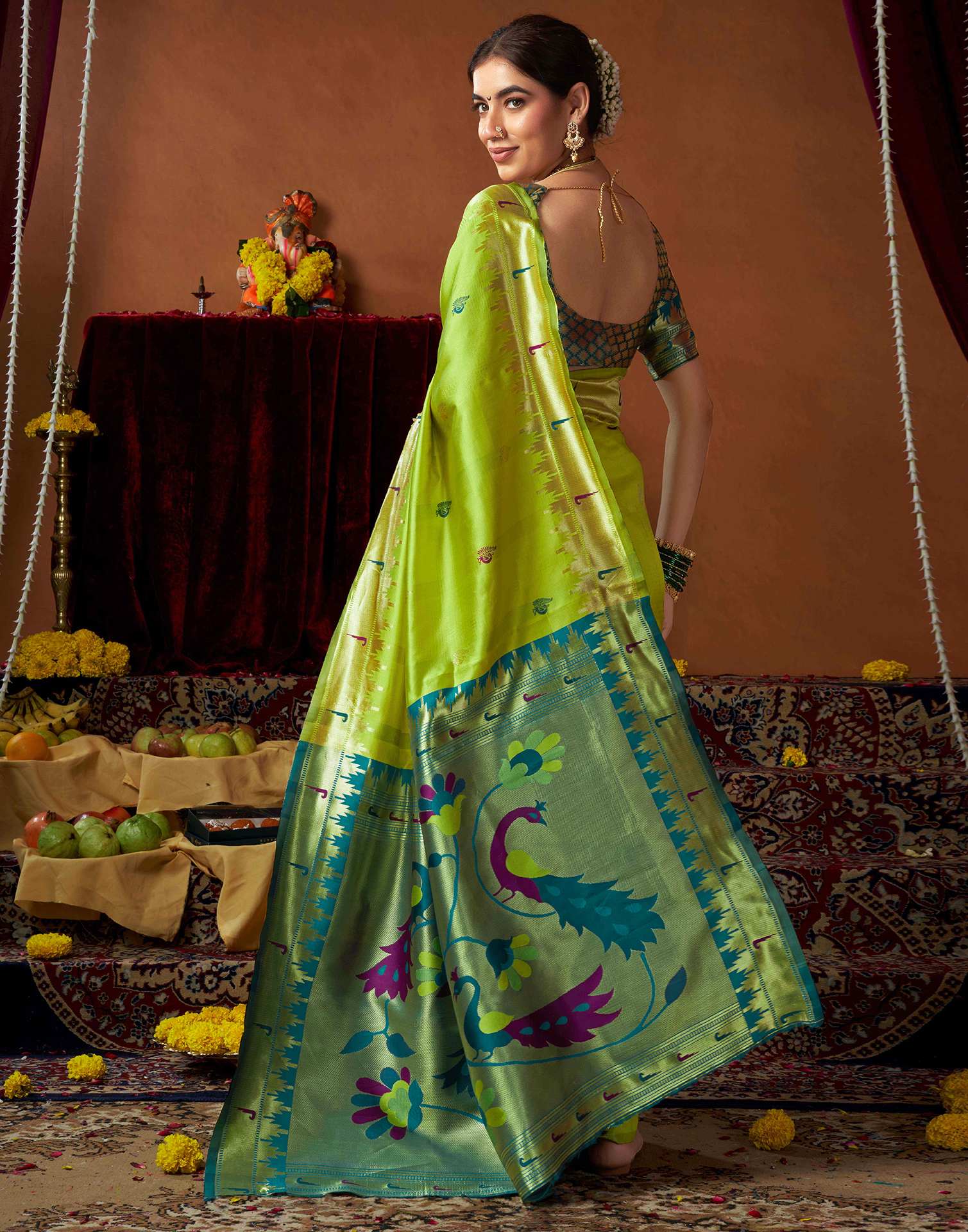 Lime Green Silk Paithani Chaturthi Saree