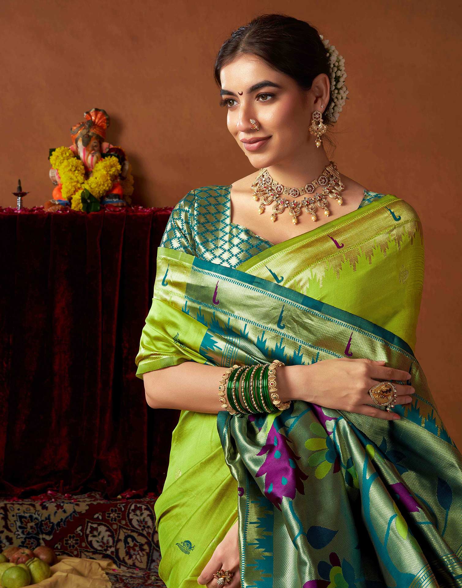 Lime Green Silk Paithani Chaturthi Saree