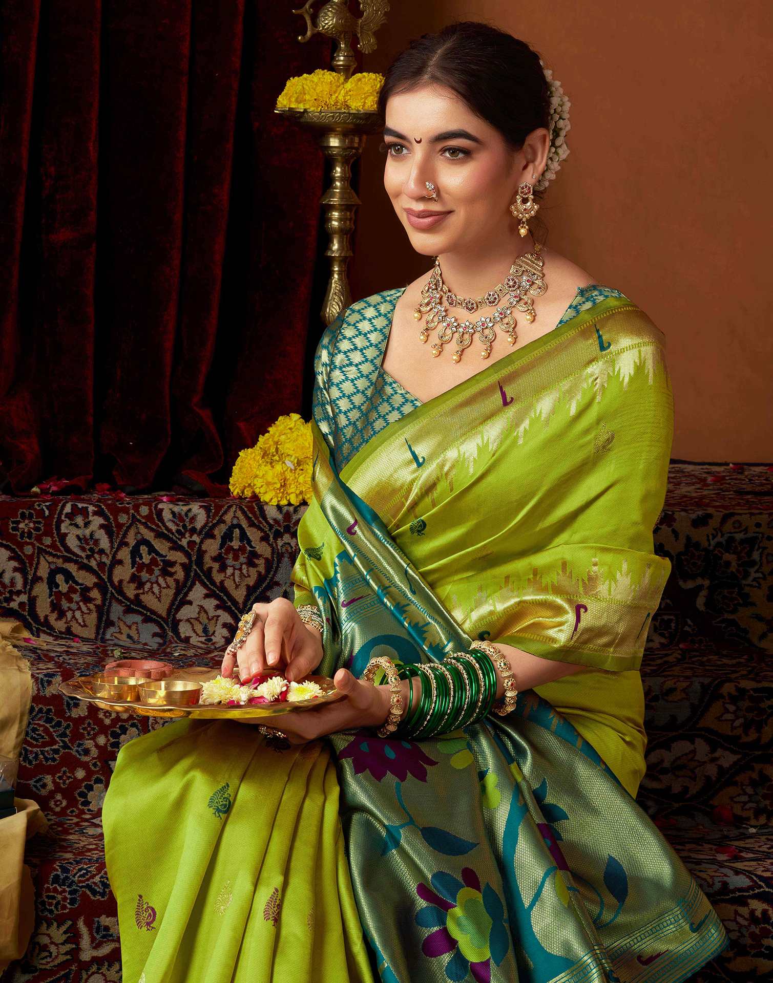 Lime Green Silk Paithani Chaturthi Saree