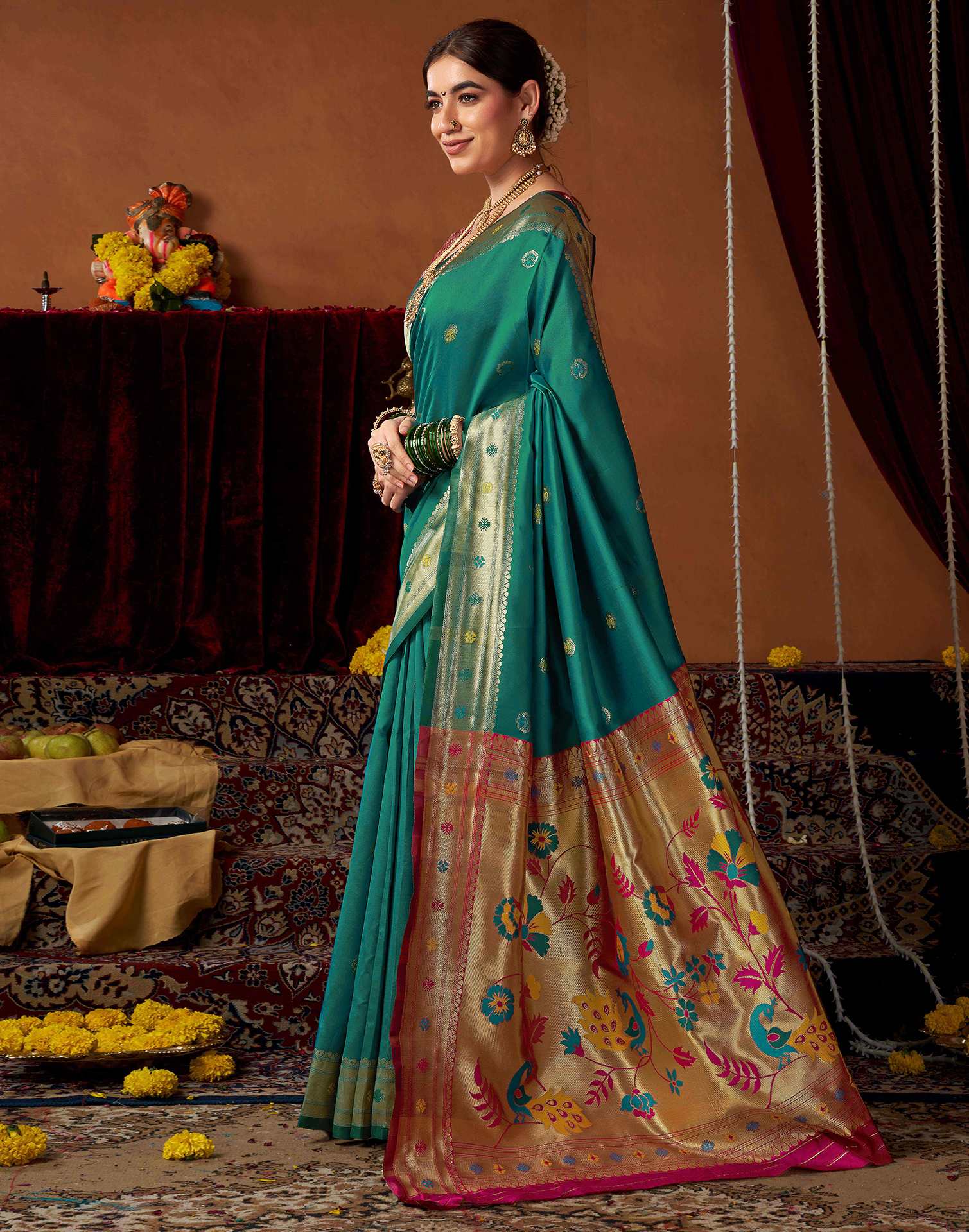 Teal Green Silk Paithani Chaturthi Saree