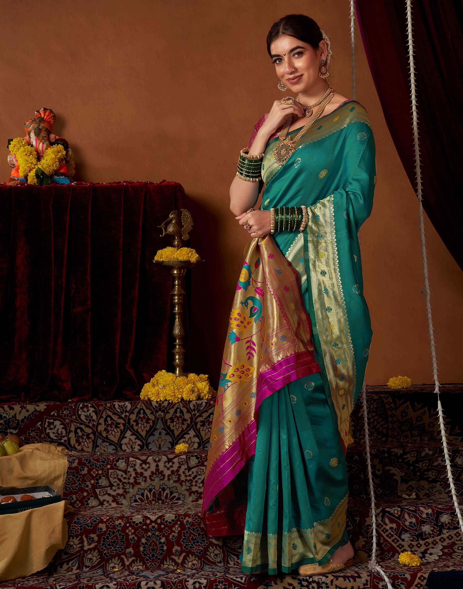 Teal Green Silk Paithani Chaturthi Saree