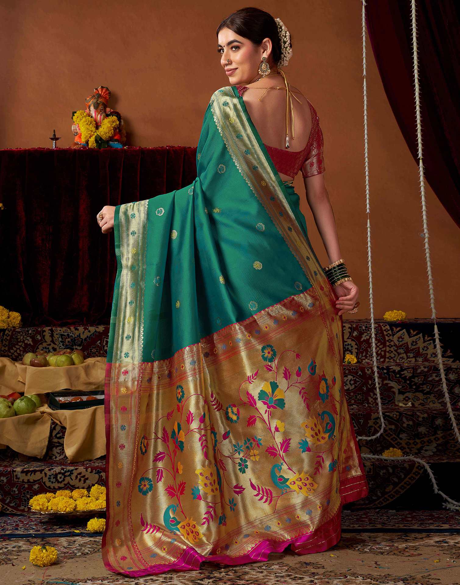 Teal Green Silk Paithani Chaturthi Saree