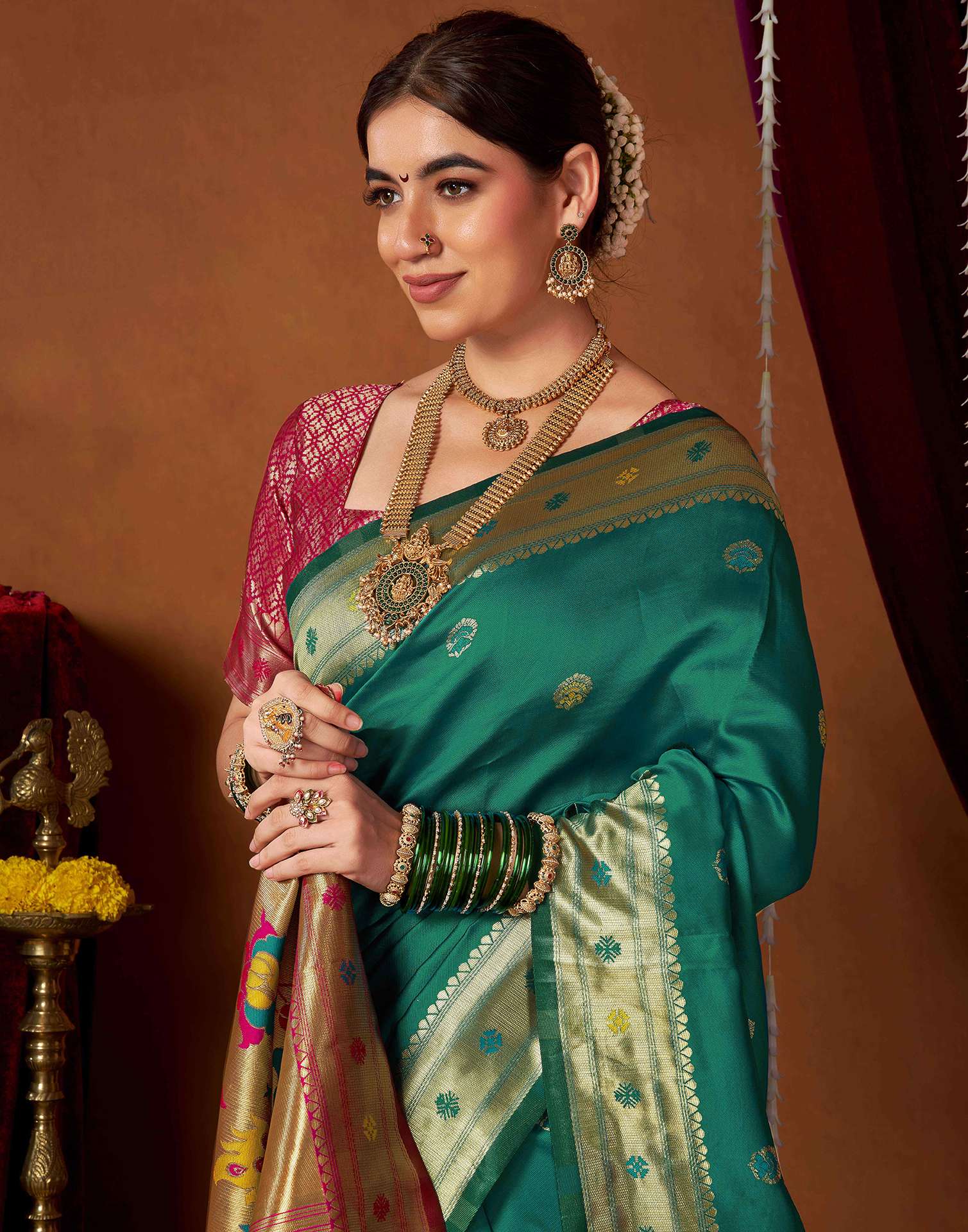 Teal Green Silk Paithani Chaturthi Saree