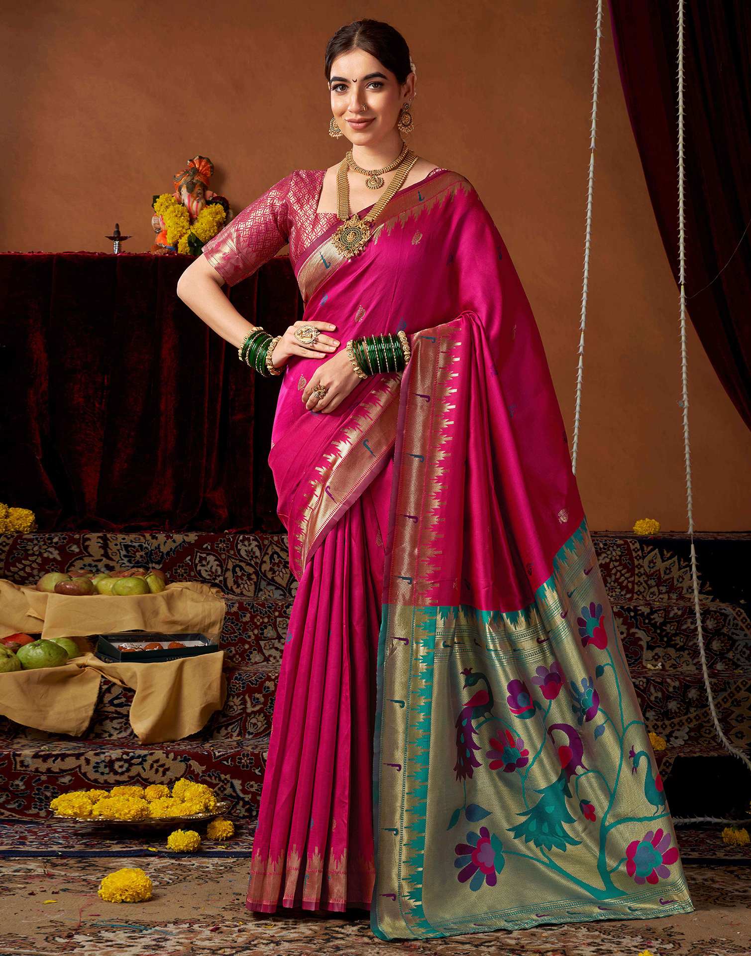 Dark Rani Pink Silk Paithani Chaturthi Saree