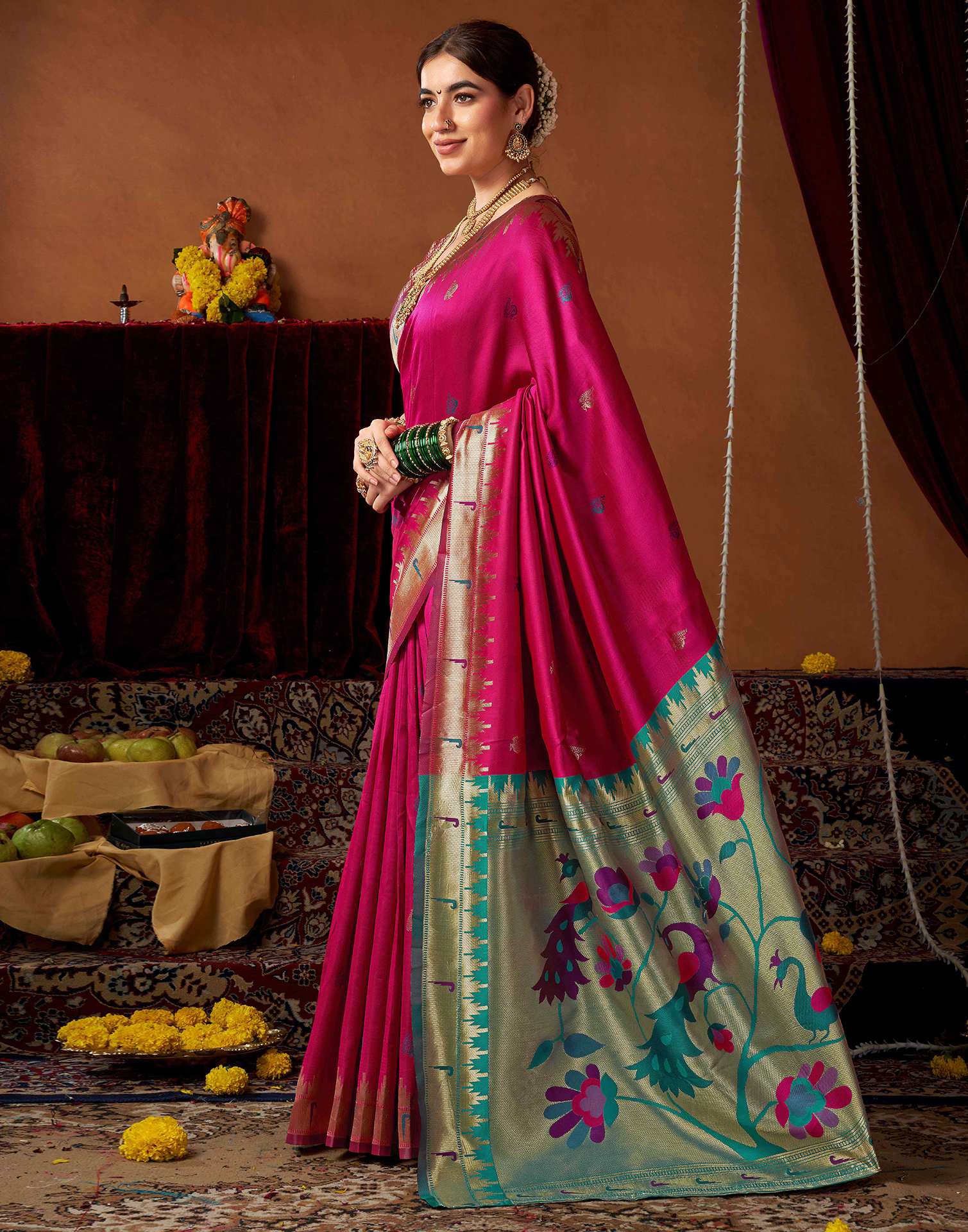 Dark Rani Pink Silk Paithani Chaturthi Saree