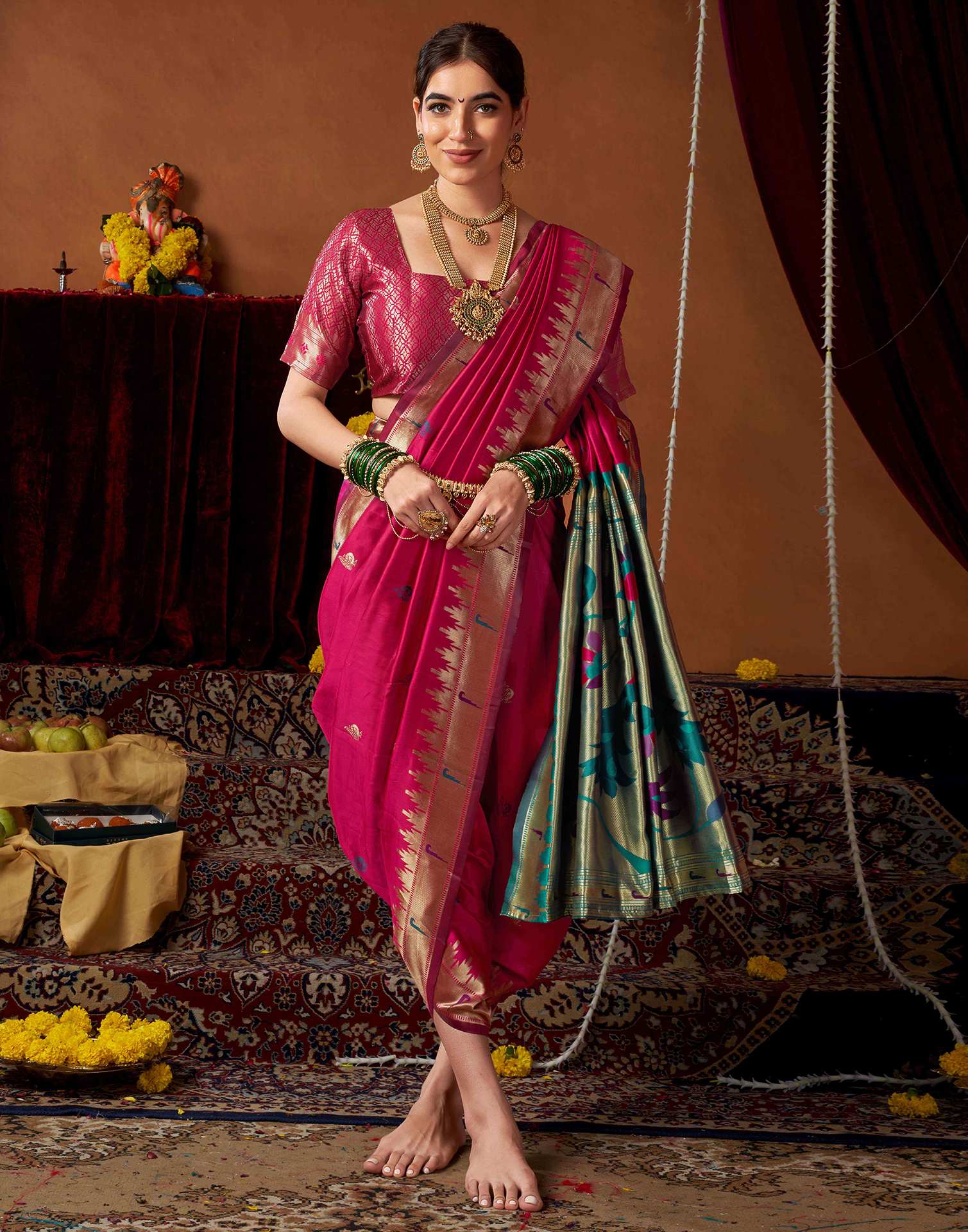 Dark Rani Pink Silk Paithani Chaturthi Saree