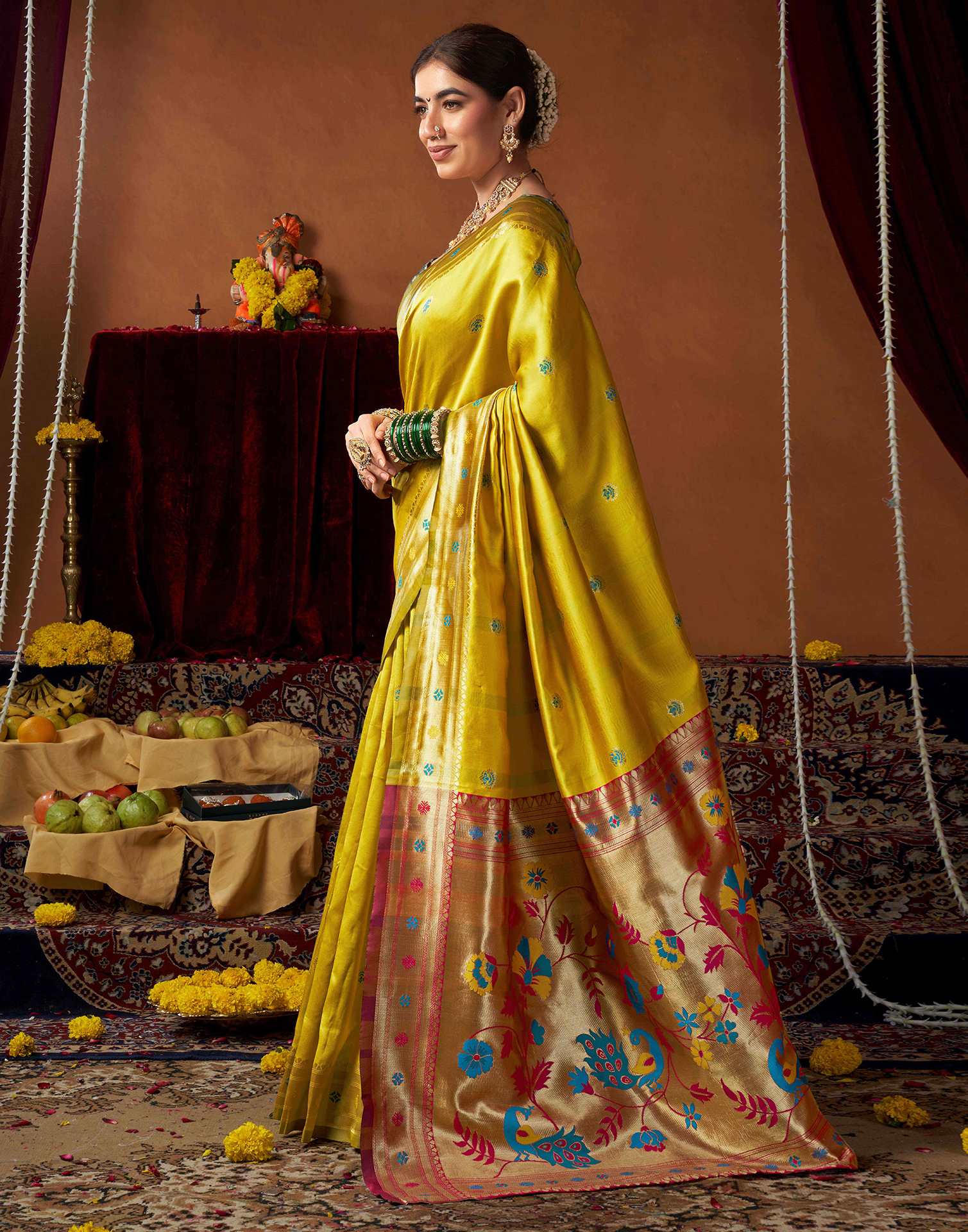 Lime Yellow Silk Paithani Chaturthi Saree