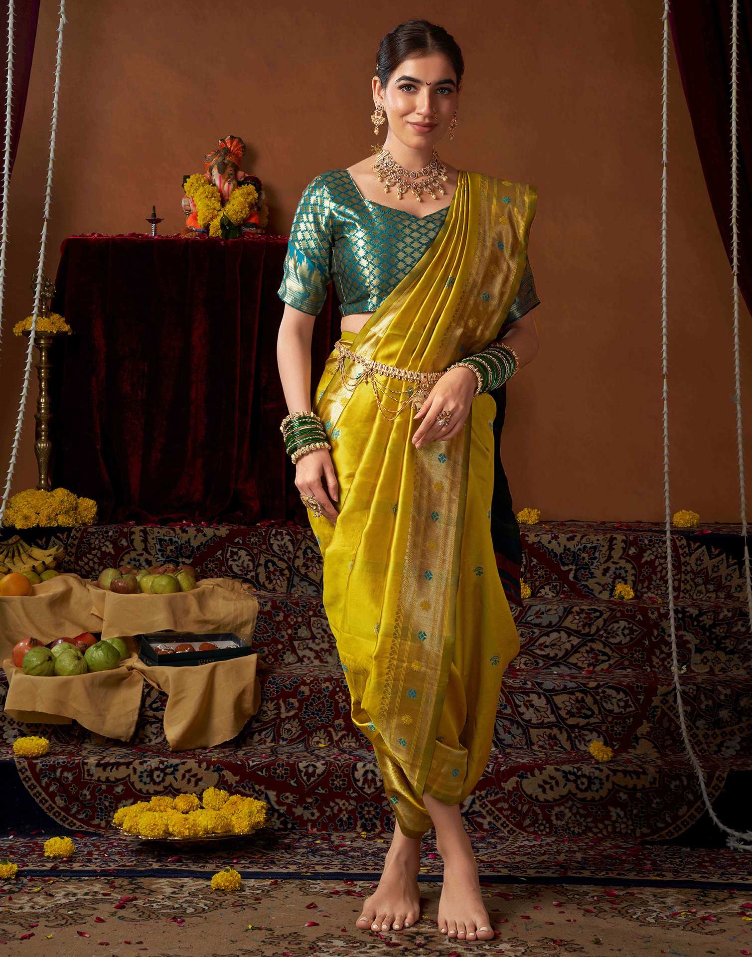 Lime Yellow Silk Paithani Chaturthi Saree