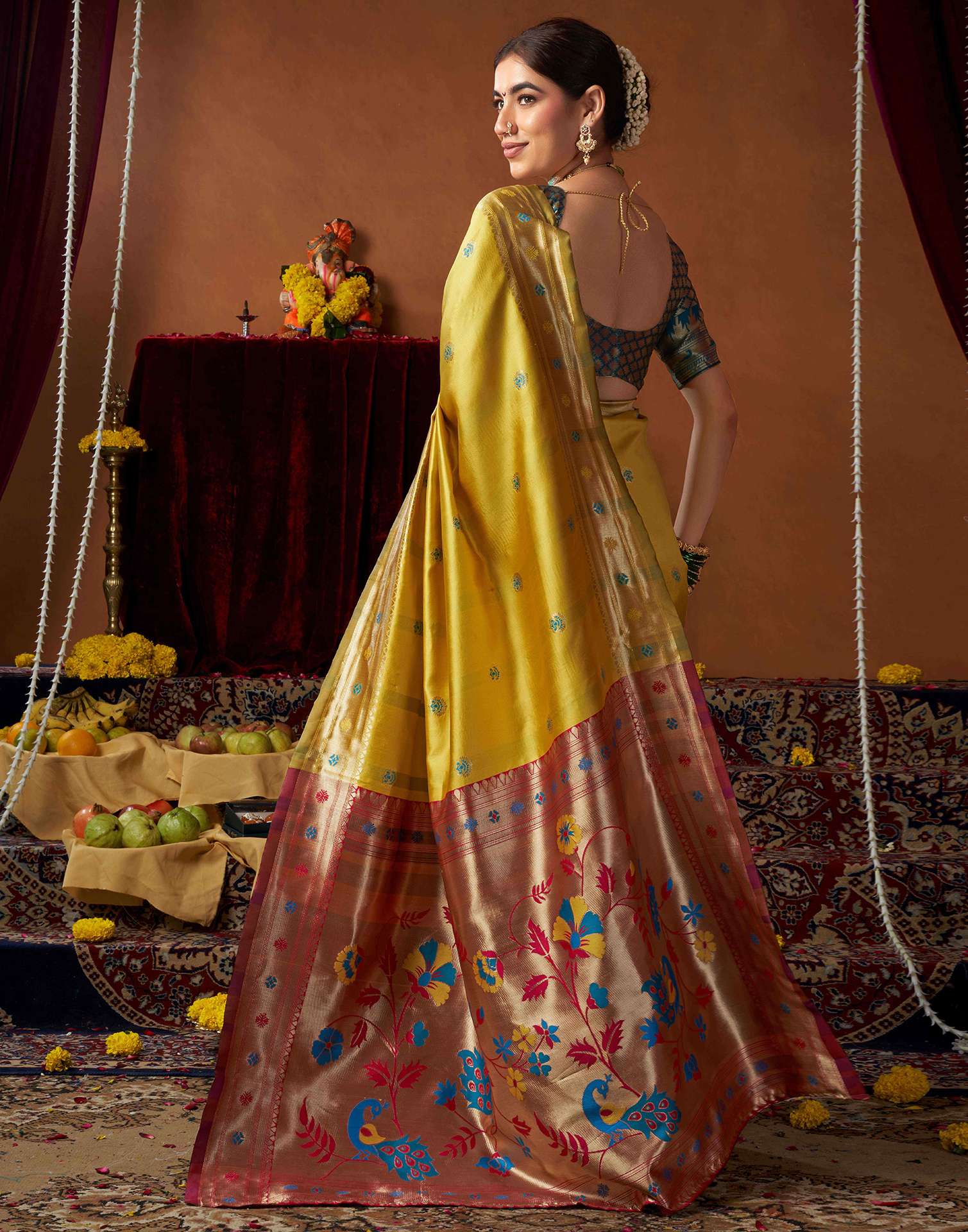 Lime Yellow Silk Paithani Chaturthi Saree