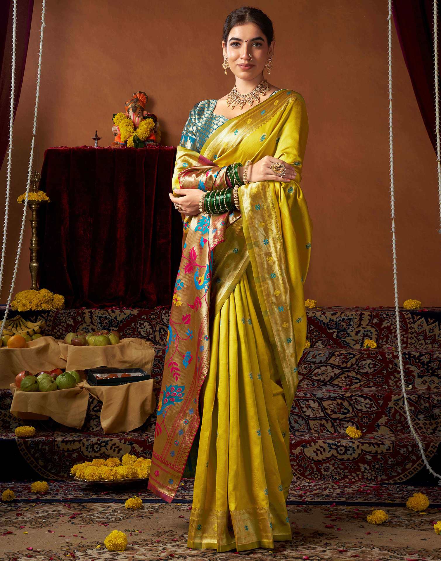 Lime Yellow Silk Paithani Chaturthi Saree