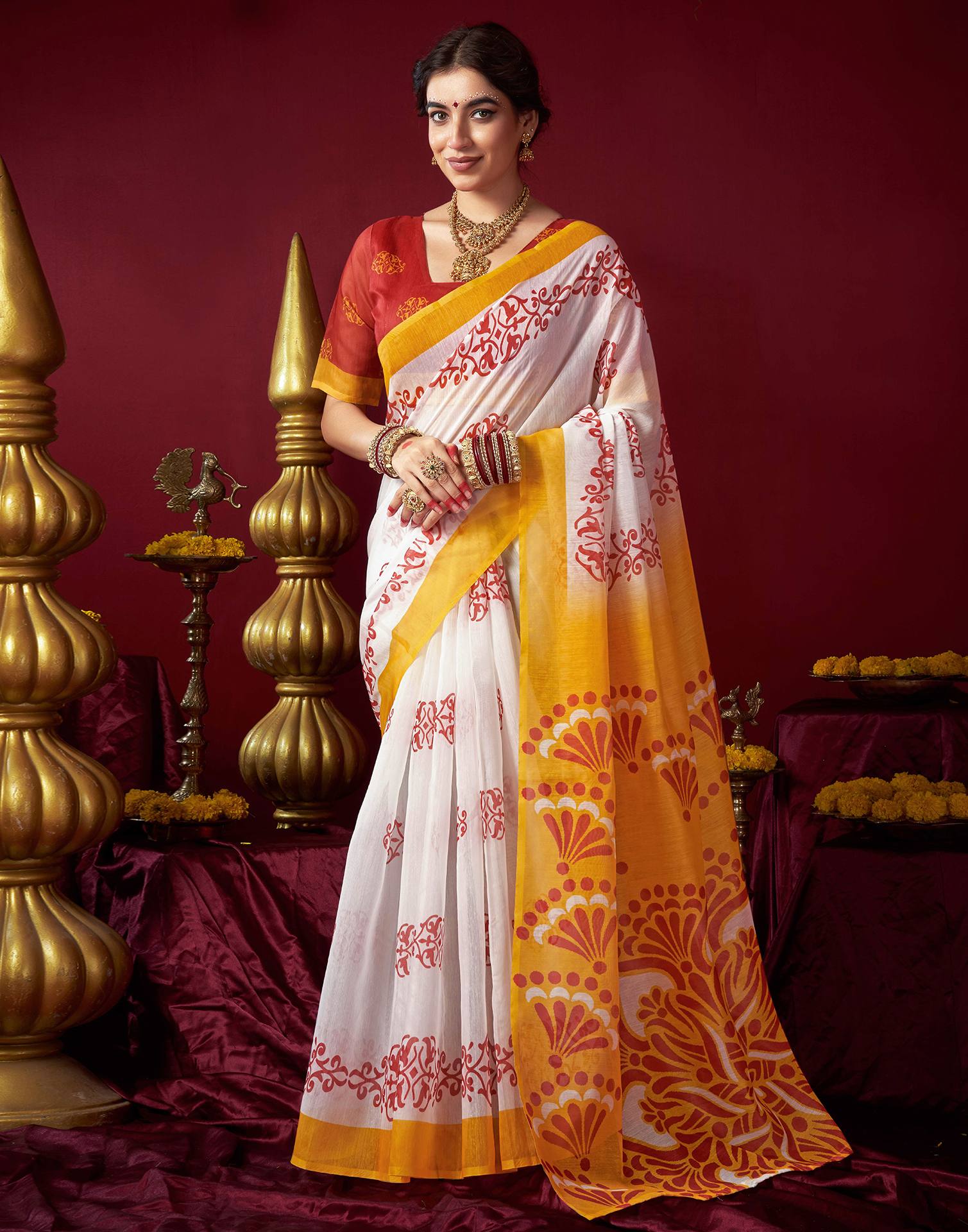 Off White Chanderi Printed Saree