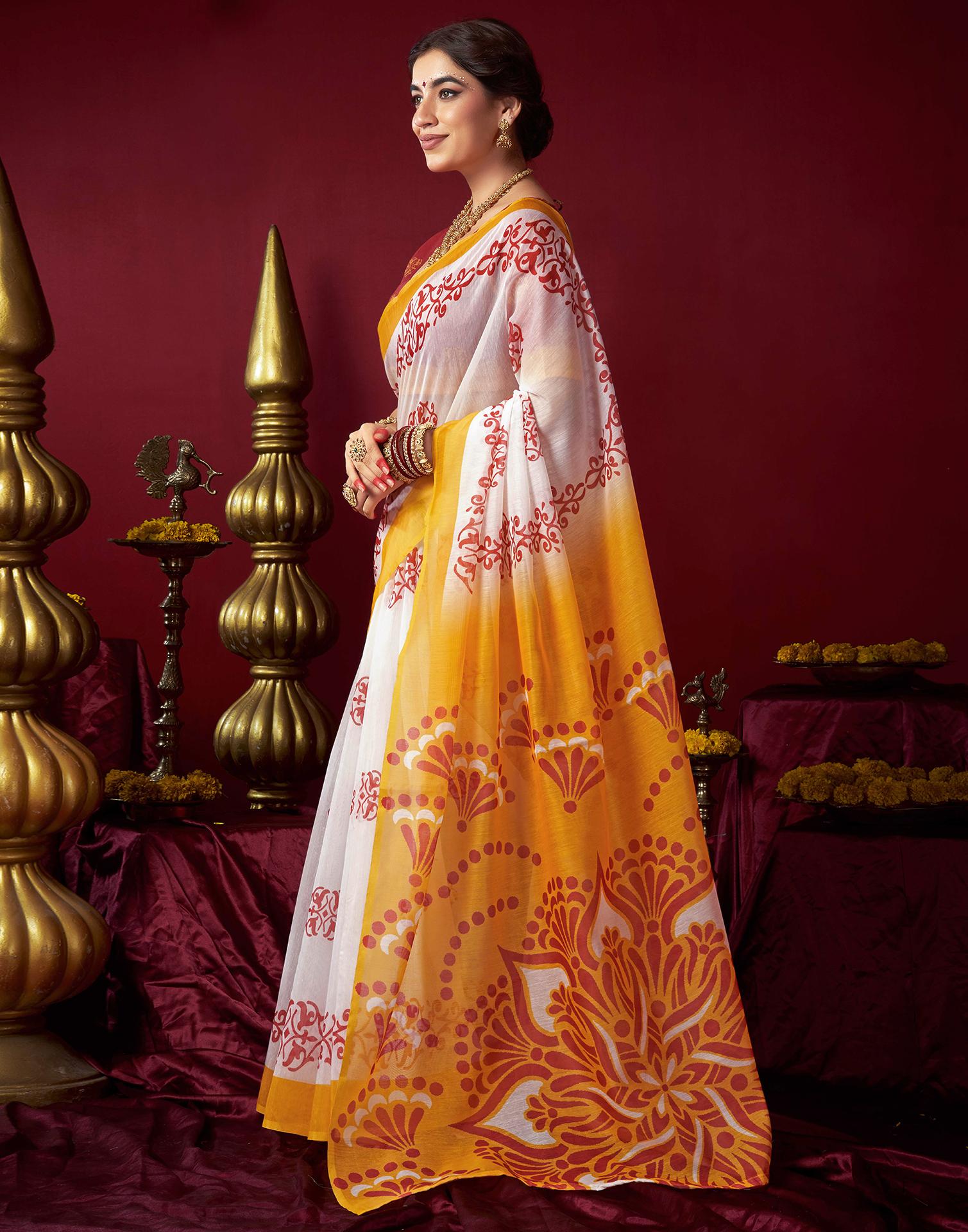 Off White Chanderi Printed Saree