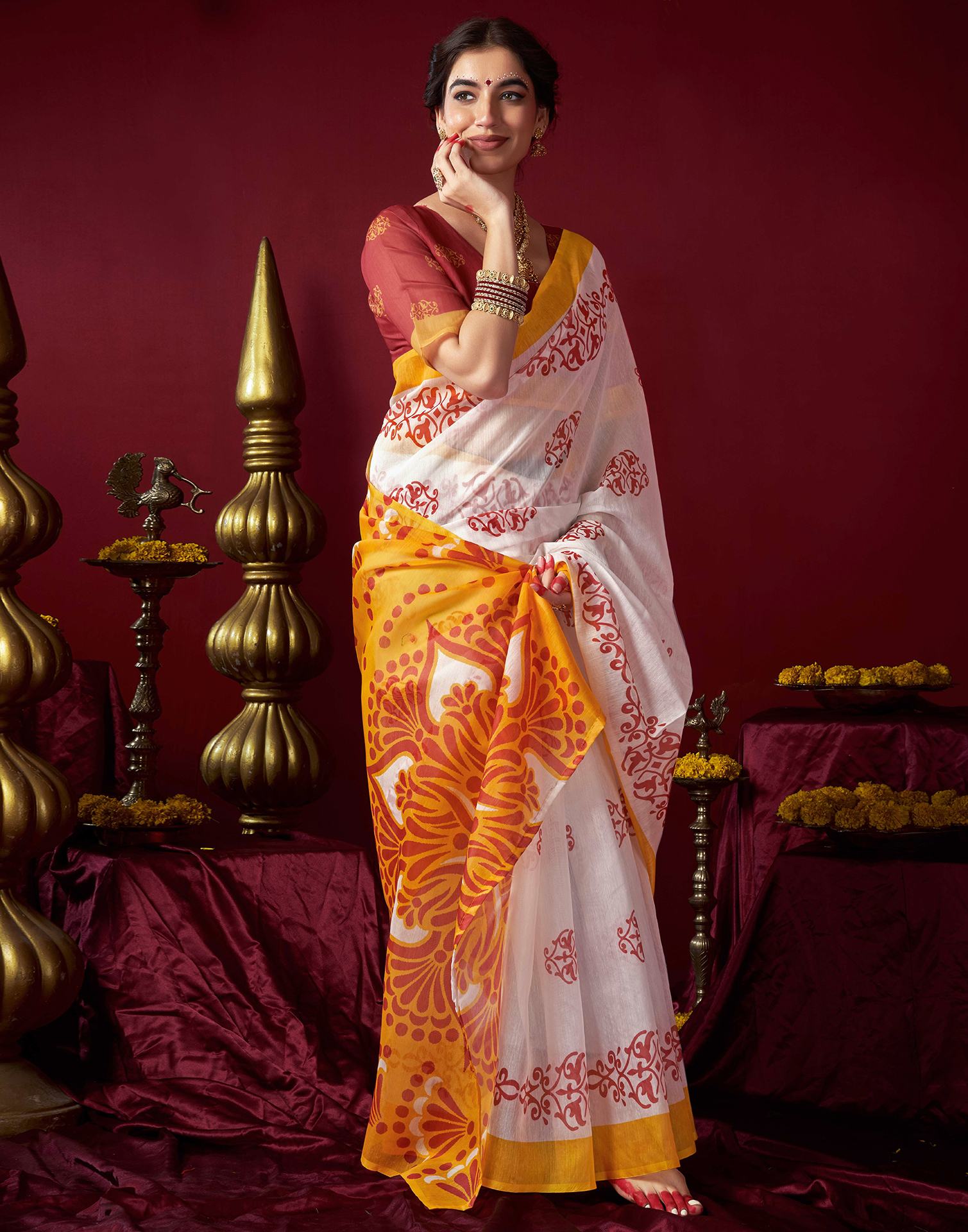 Off White Chanderi Printed Saree