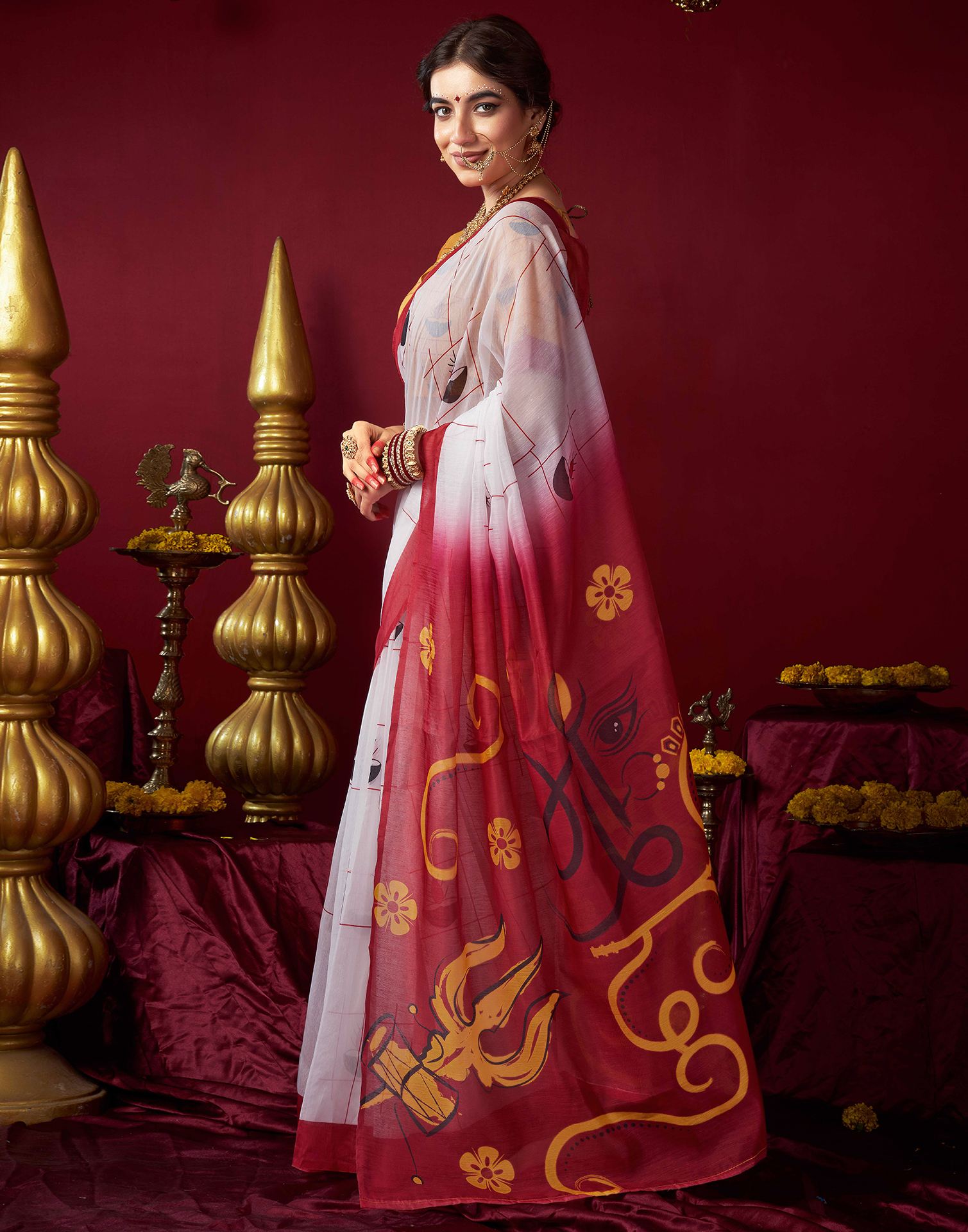 White Chanderi Printed Saree