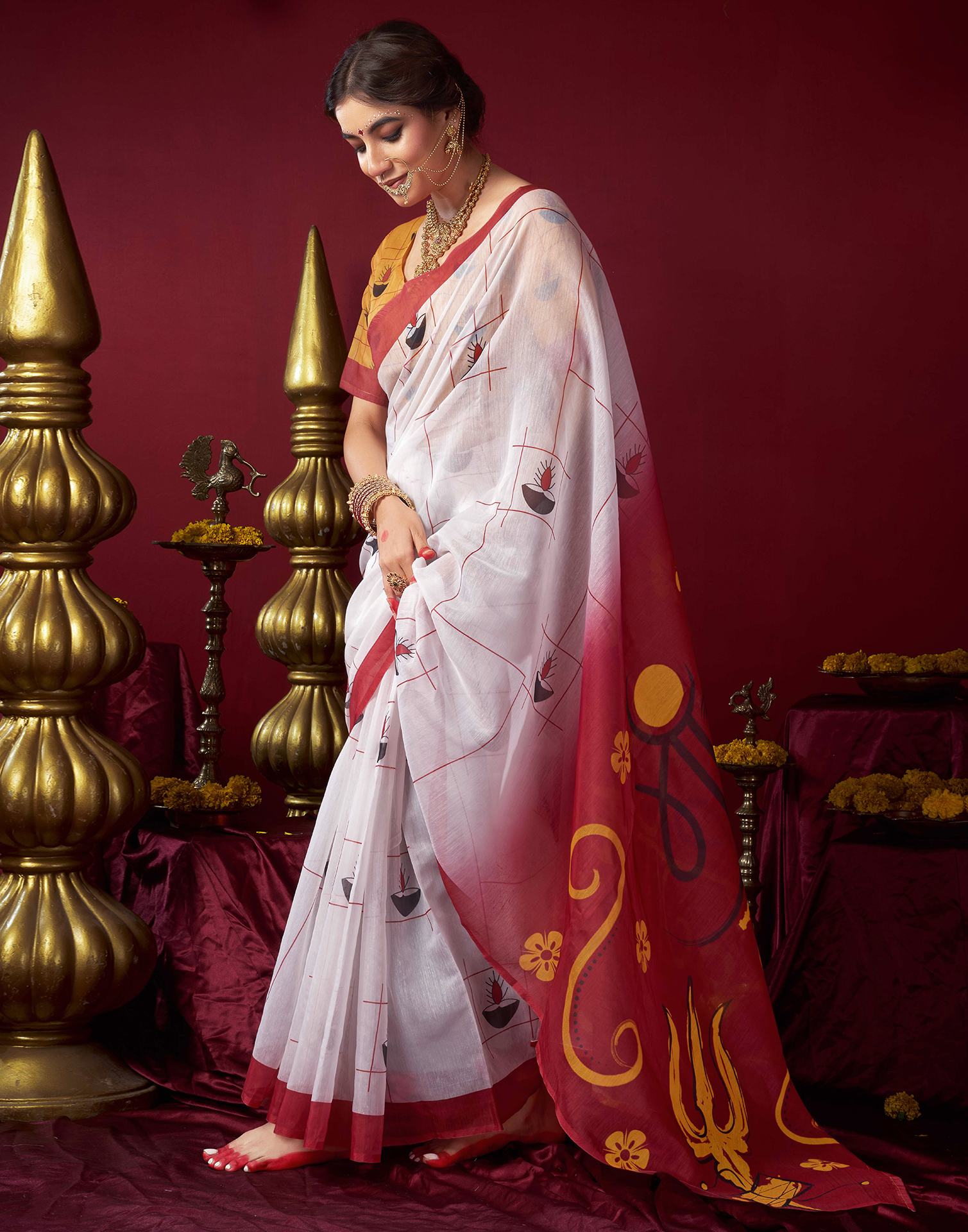 White Chanderi Printed Saree