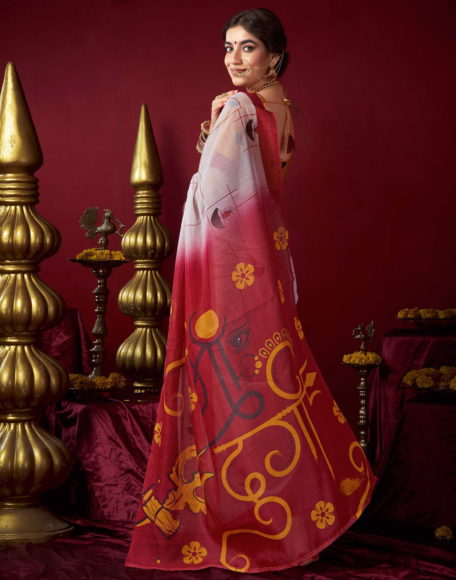 White Chanderi Printed Saree