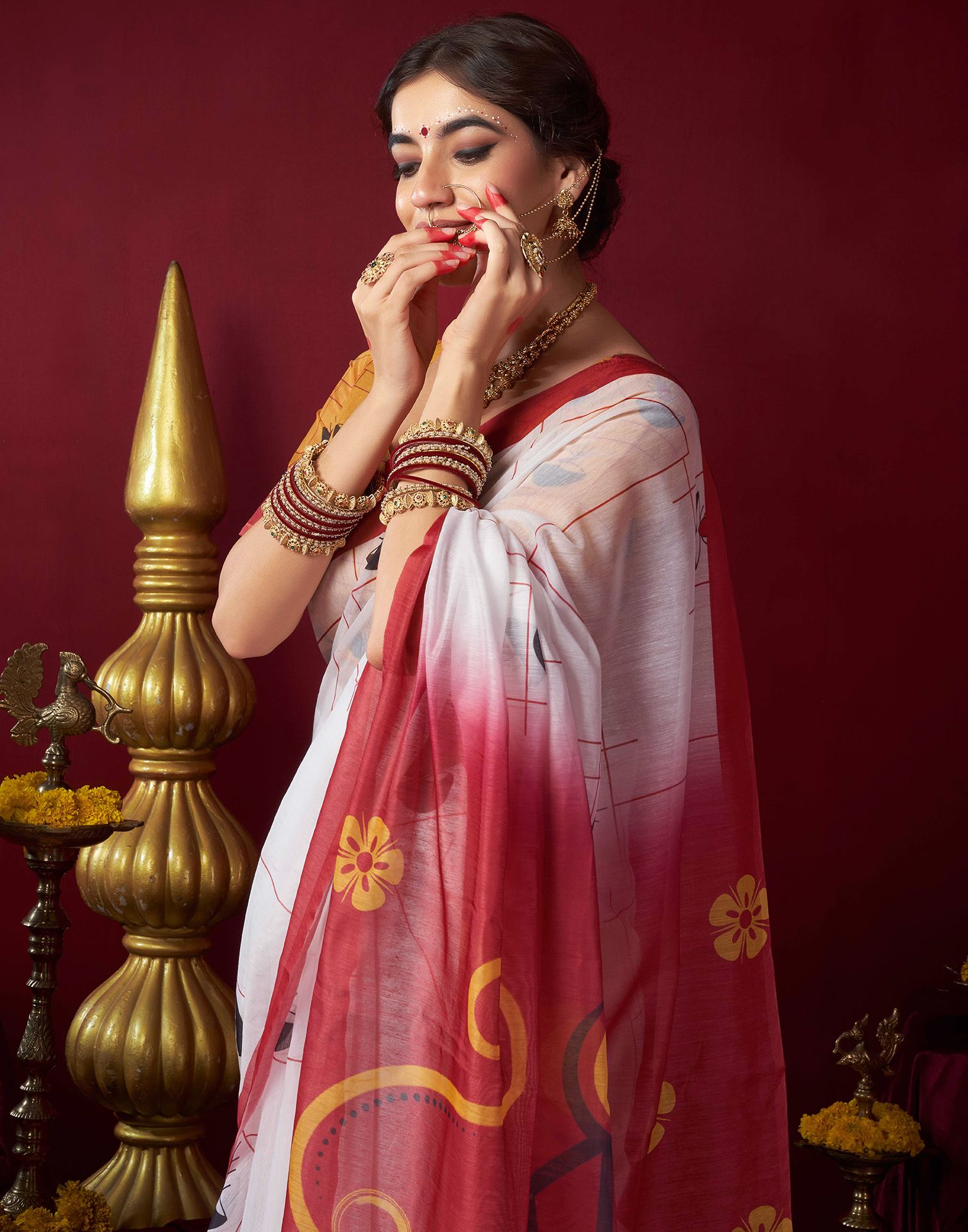 White Chanderi Printed Saree