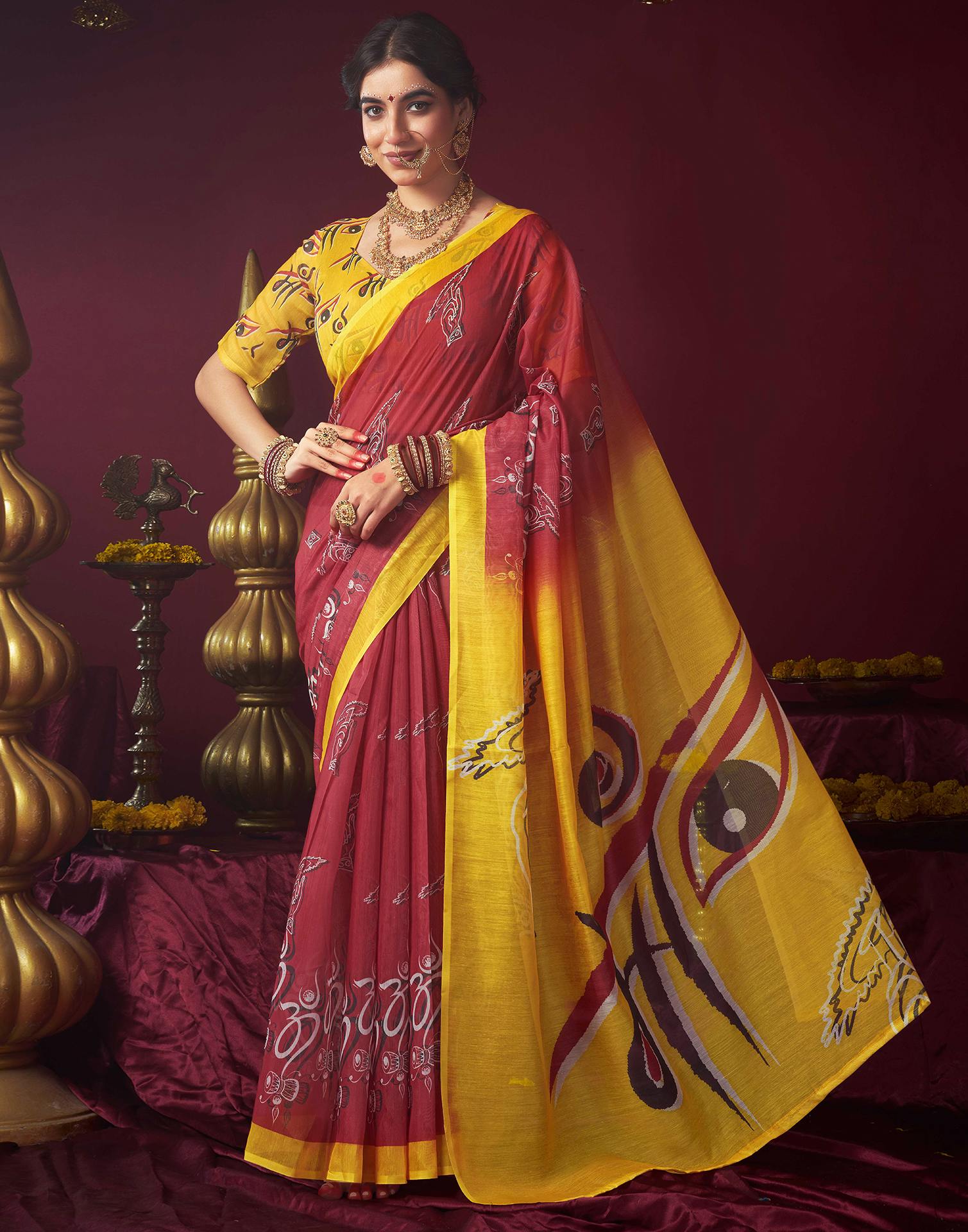 Red Chanderi Printed Saree