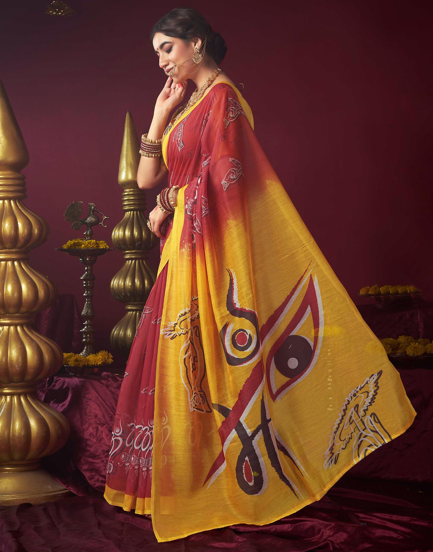 Red Chanderi Printed Saree