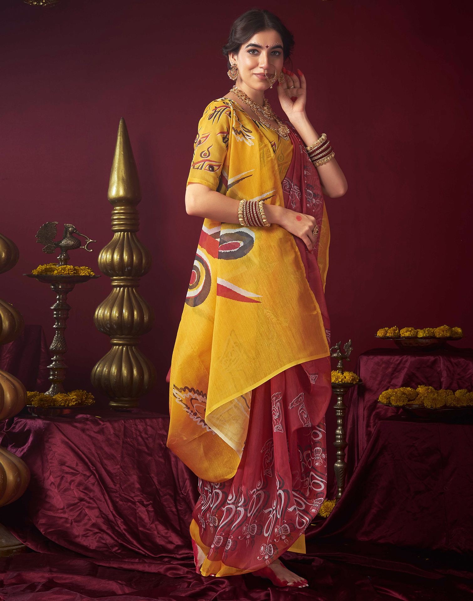 Red Chanderi Printed Saree