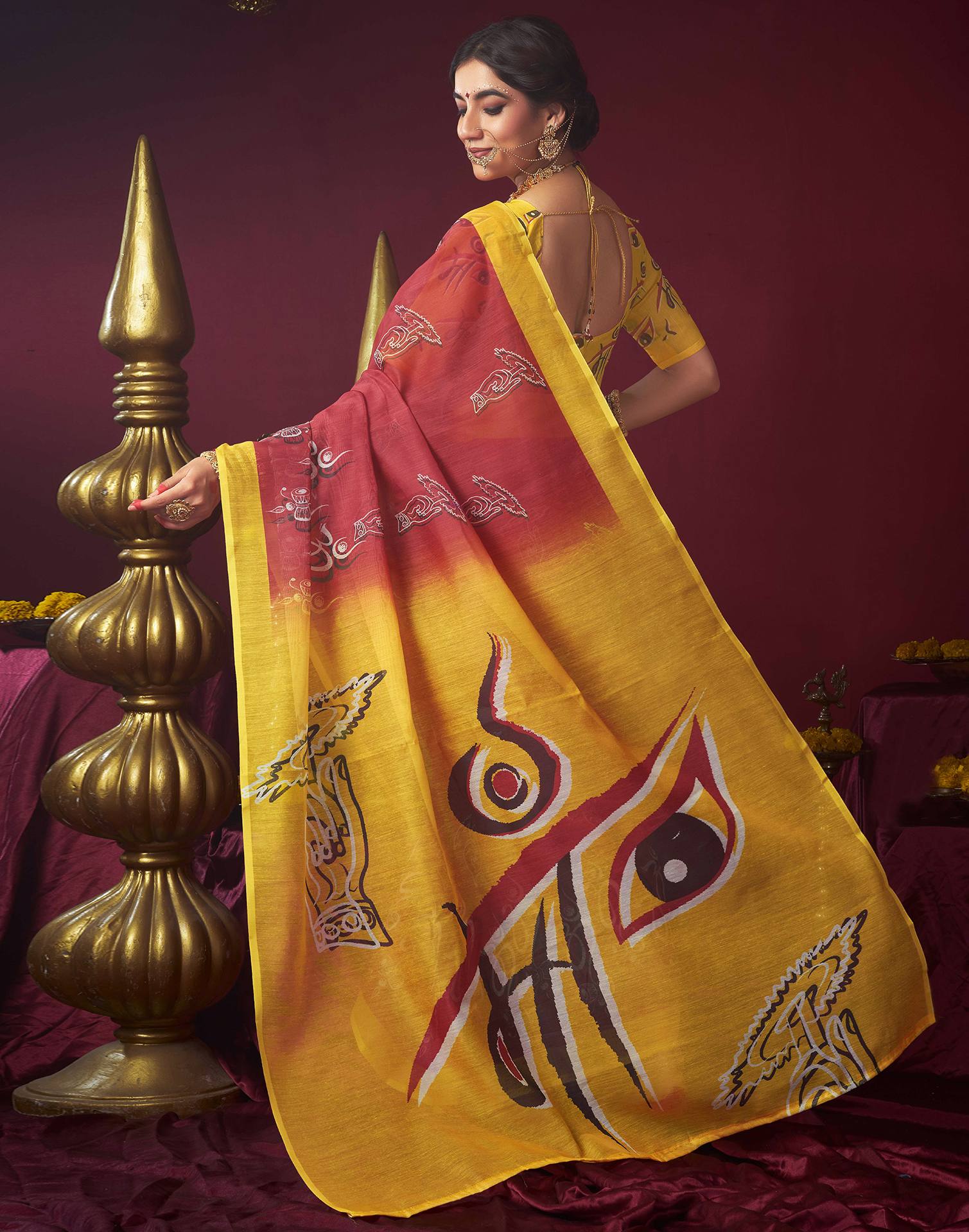 Red Chanderi Printed Saree