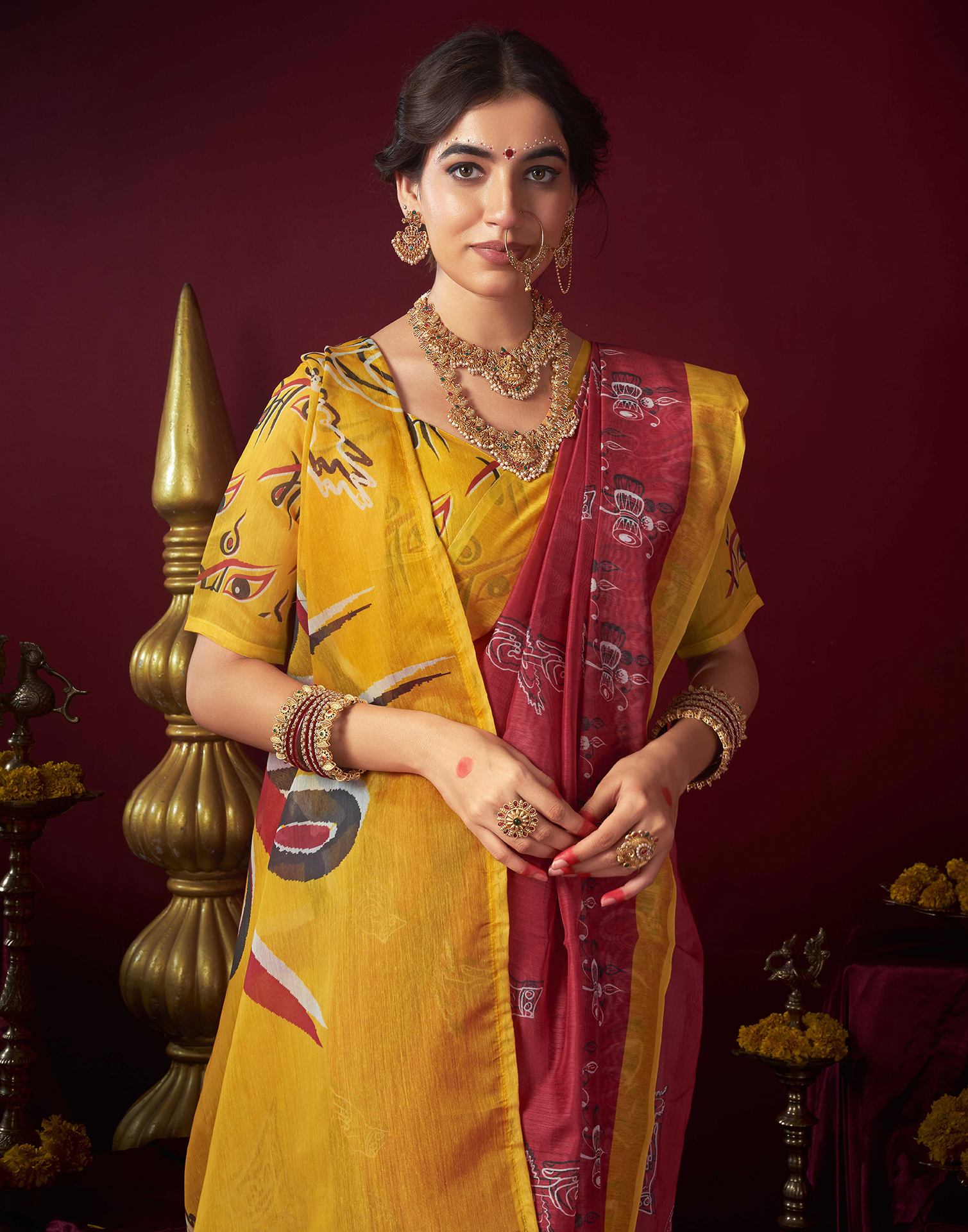 Red Chanderi Printed Saree