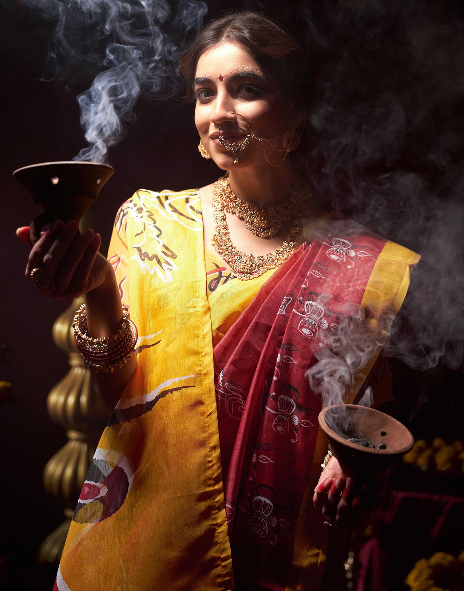 Red Chanderi Printed Saree