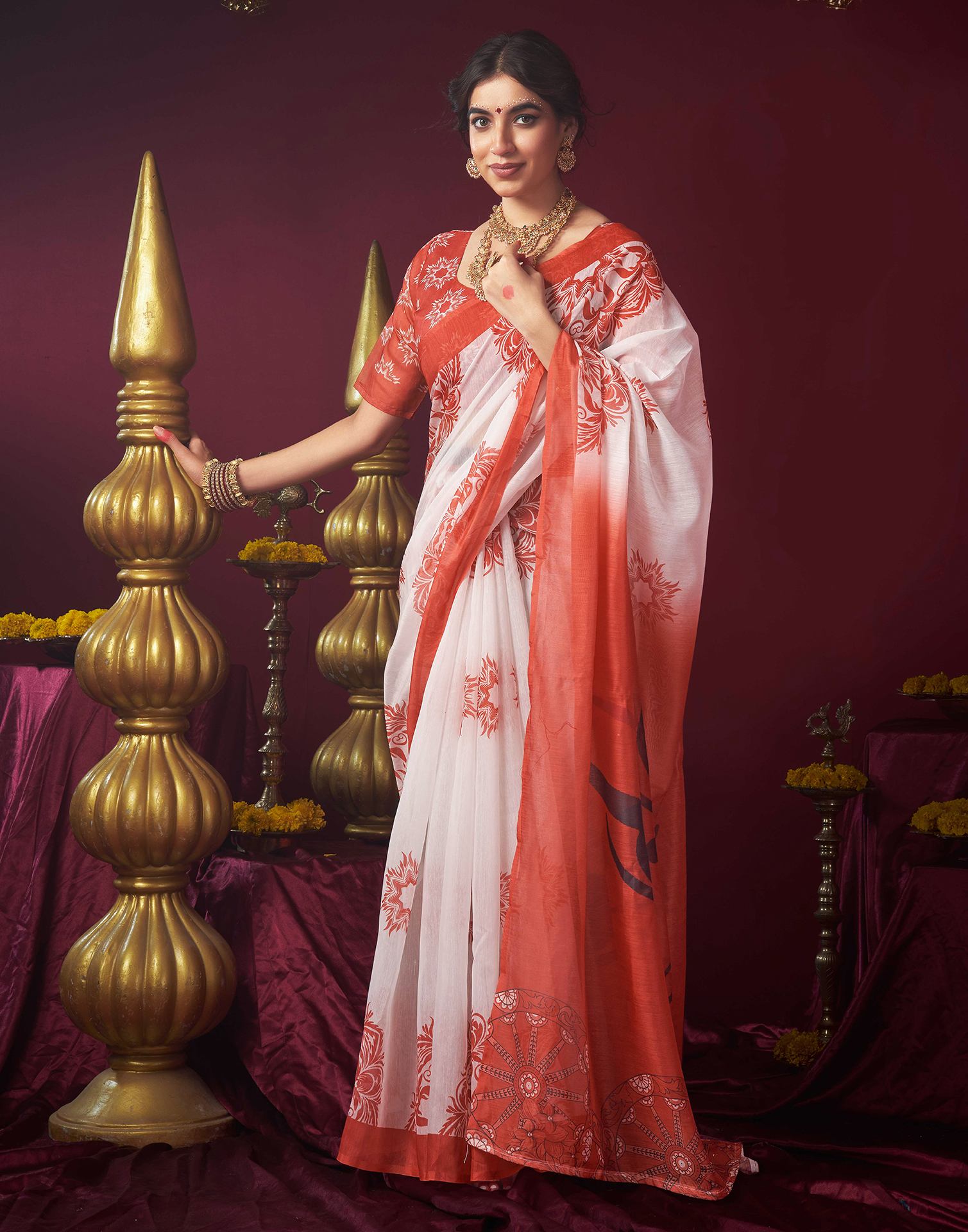 Off White Chanderi Printed Saree