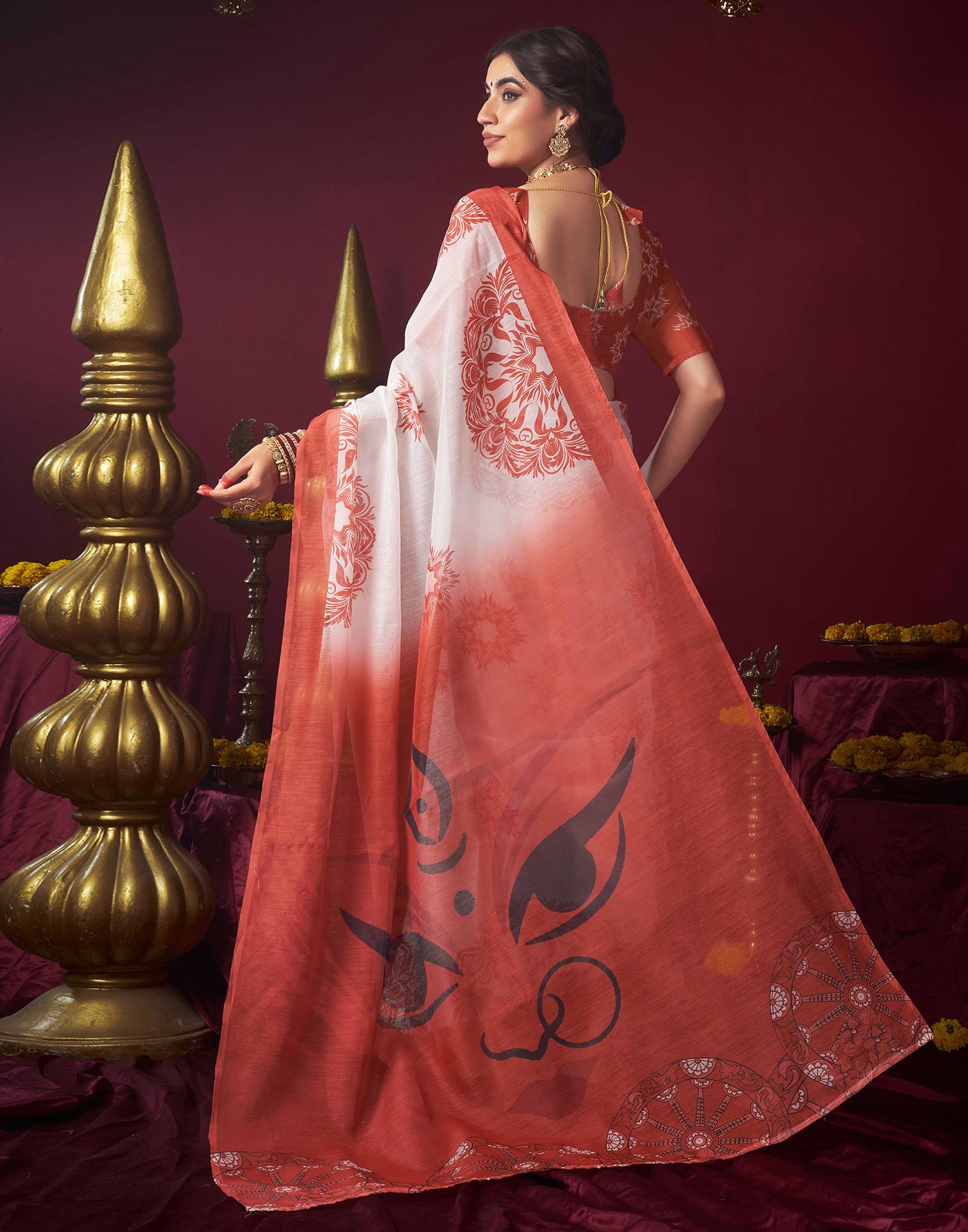 Off White Chanderi Printed Saree