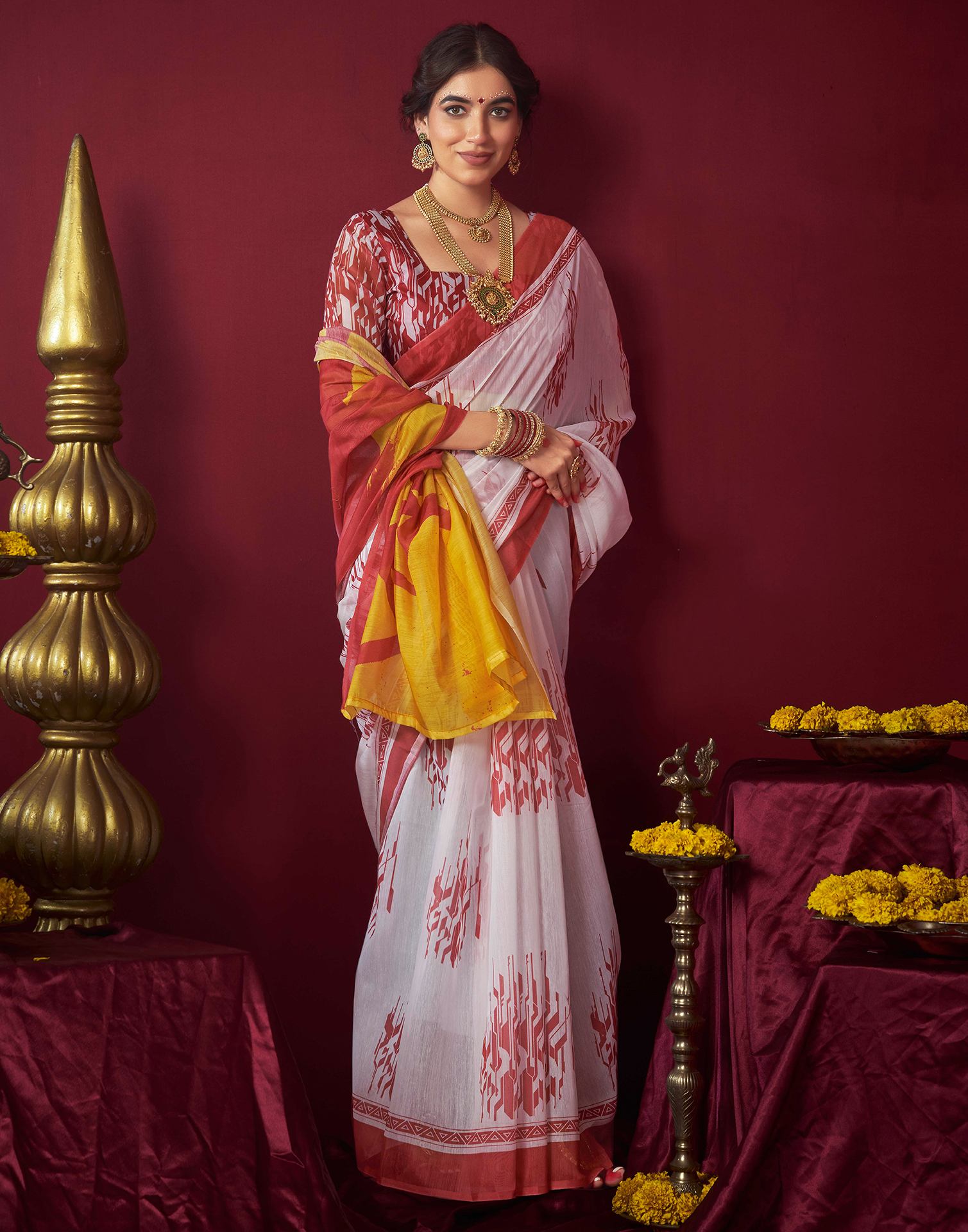 Off White Chanderi Printed Saree