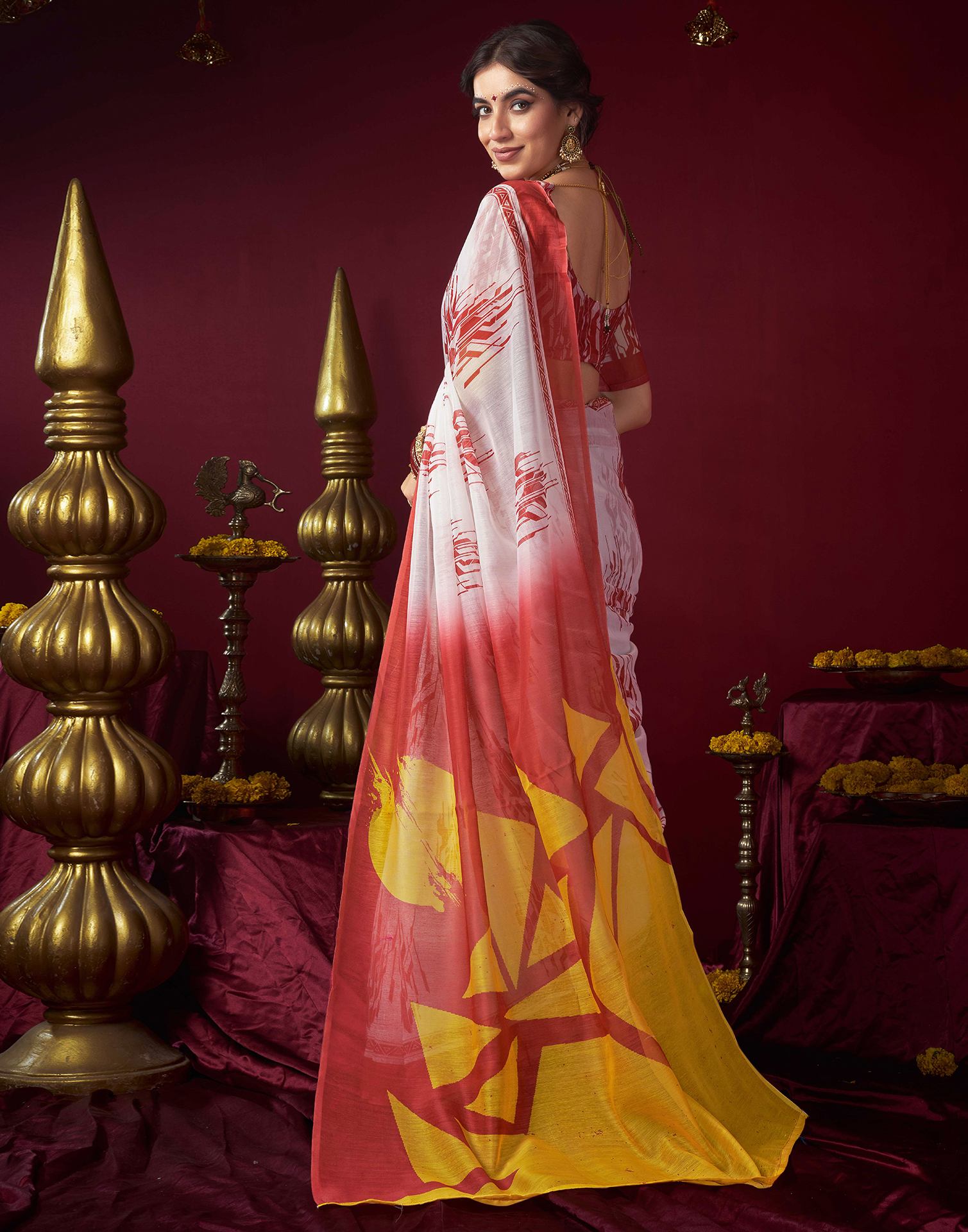 Off White Chanderi Printed Saree